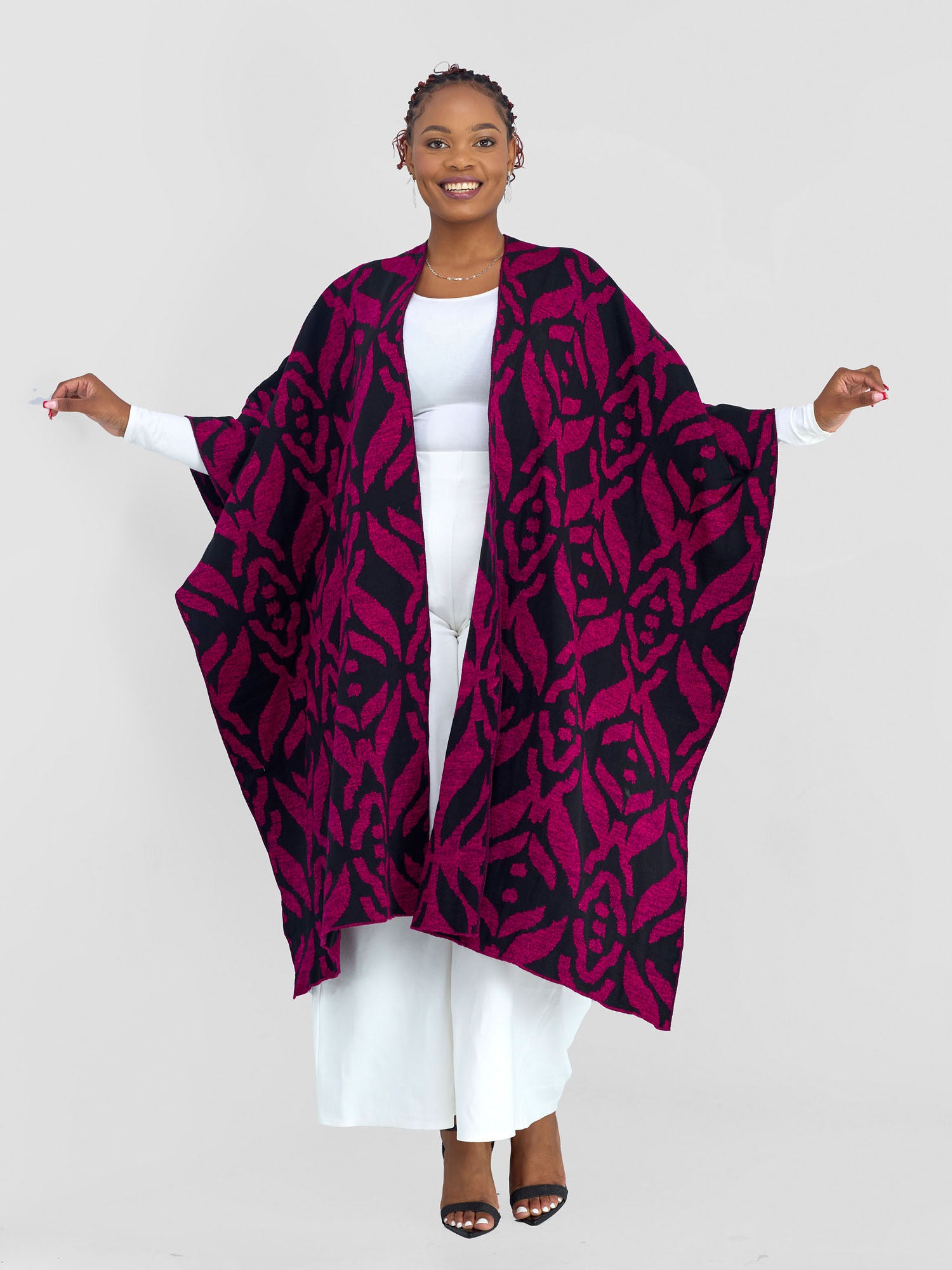 Vivo Reversible Poncho without Fringes - Black / Pink Ukwi Print