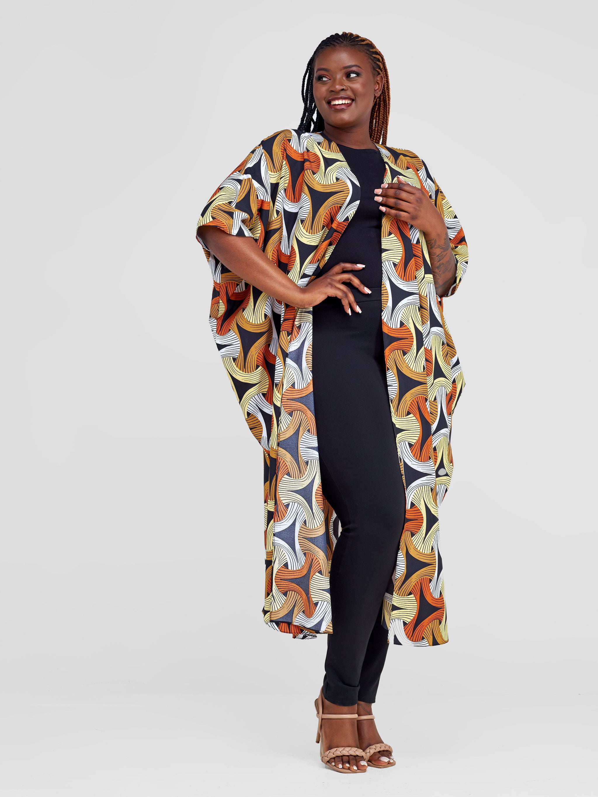 Vivo Malindi Maxi Kimono - Black / Brown Abstract Print
