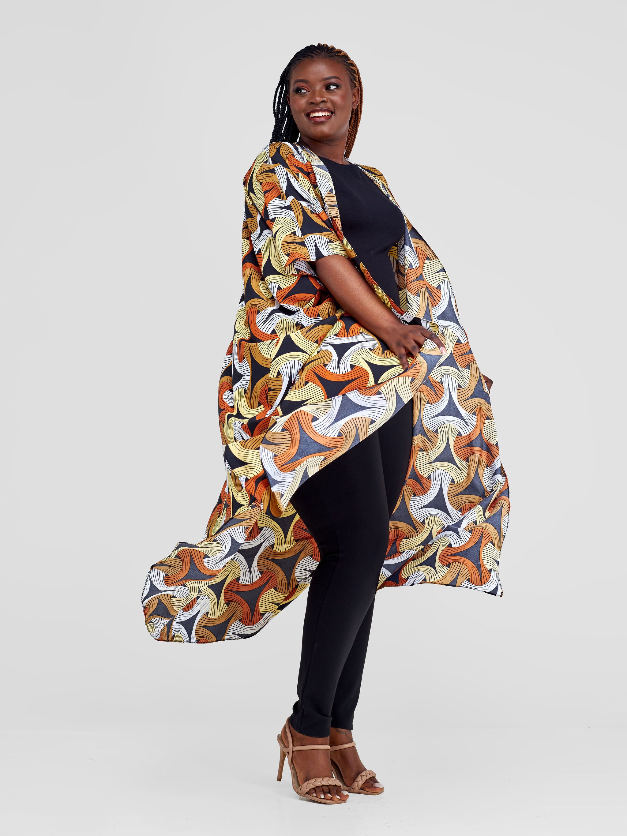 Vivo Malindi Maxi Kimono - Black / Brown Abstract Print