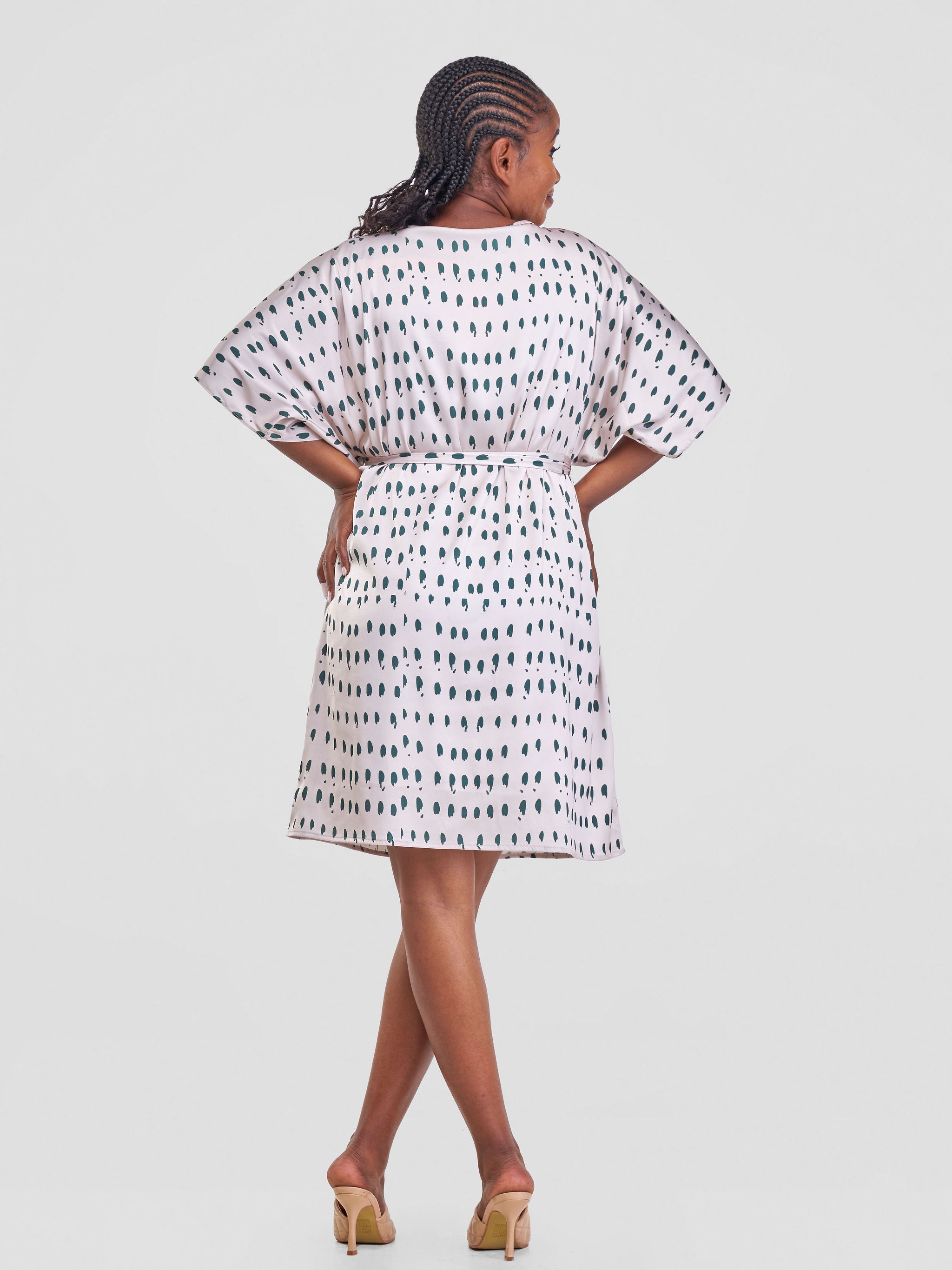 Vivo Hanabi Drop Shoulder Dress - Beige / Green Print