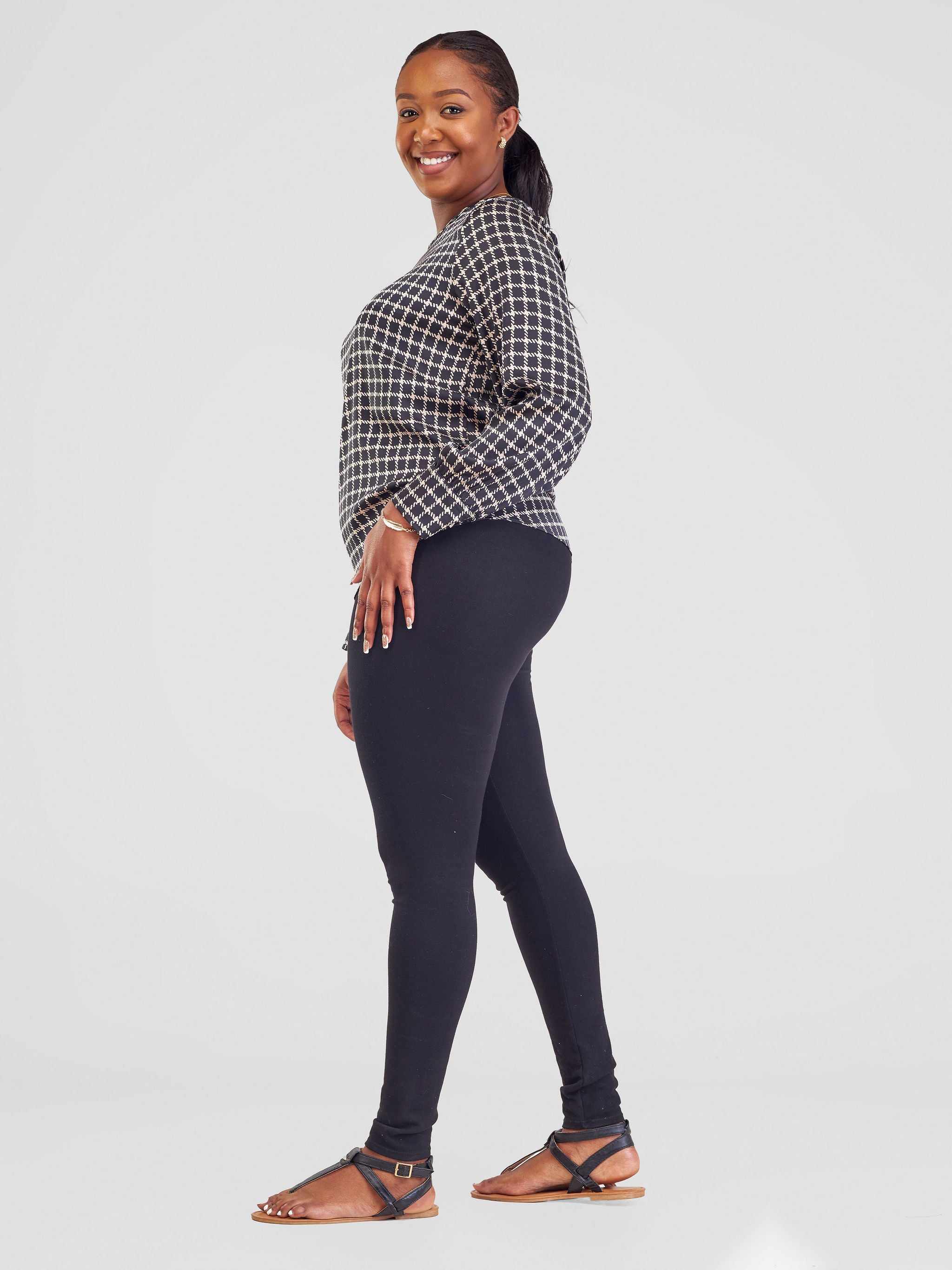 Vivo Tatili Satin Bishop Long Sleeve Top - Taupe / Black Print