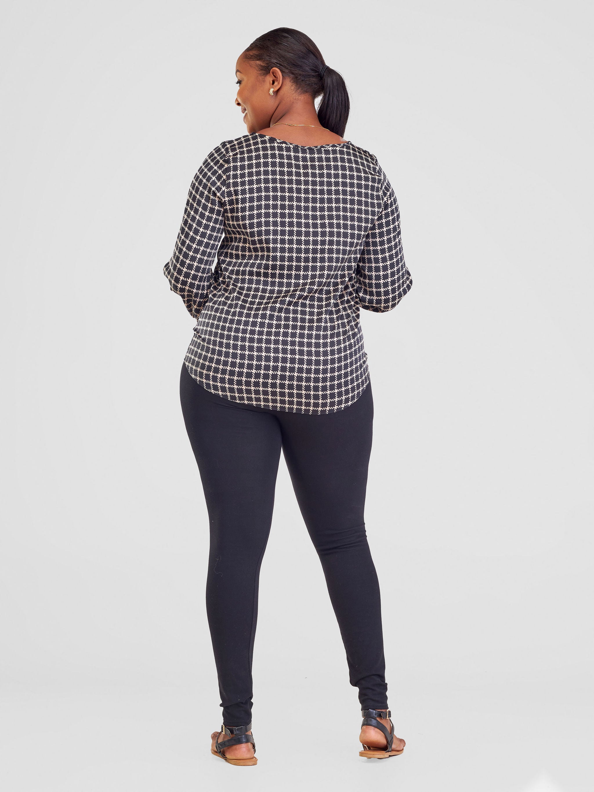 Vivo Tatili Satin Bishop Long Sleeve Top - Taupe / Black Print