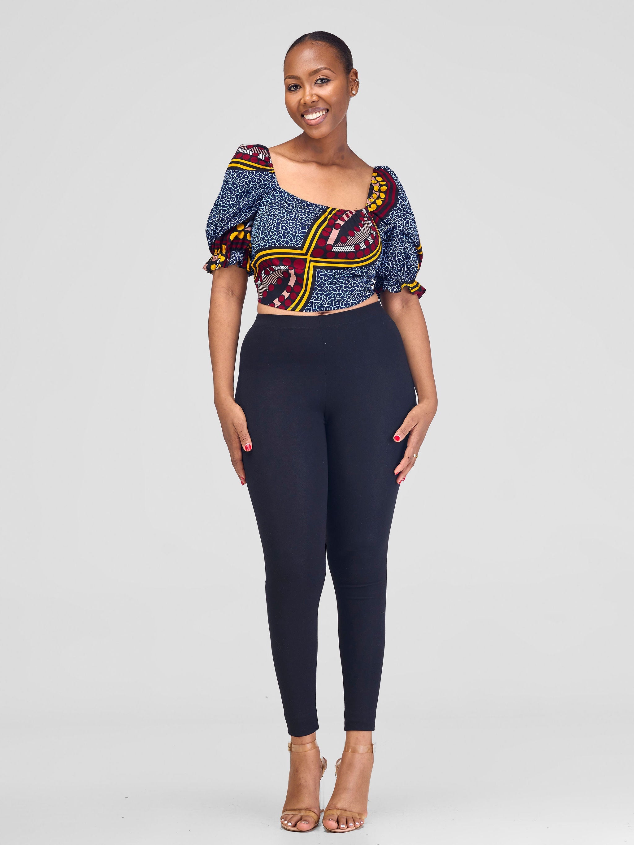 Safari Anga Puffy Short Sleeve Tie Top - Navy Blue / Yellow Ankara Print