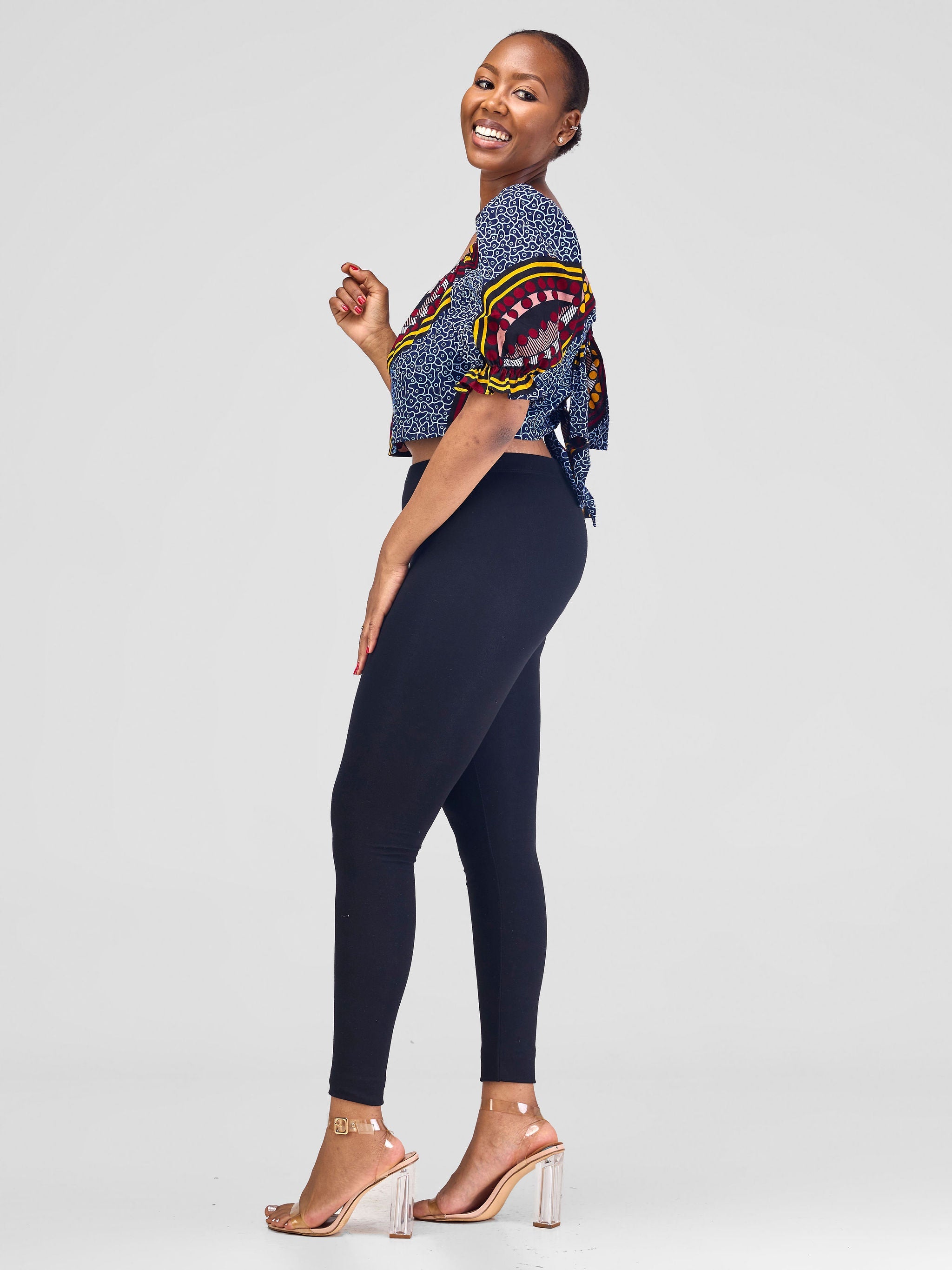 Safari Anga Puffy Short Sleeve Tie Top - Navy Blue / Yellow Ankara Print