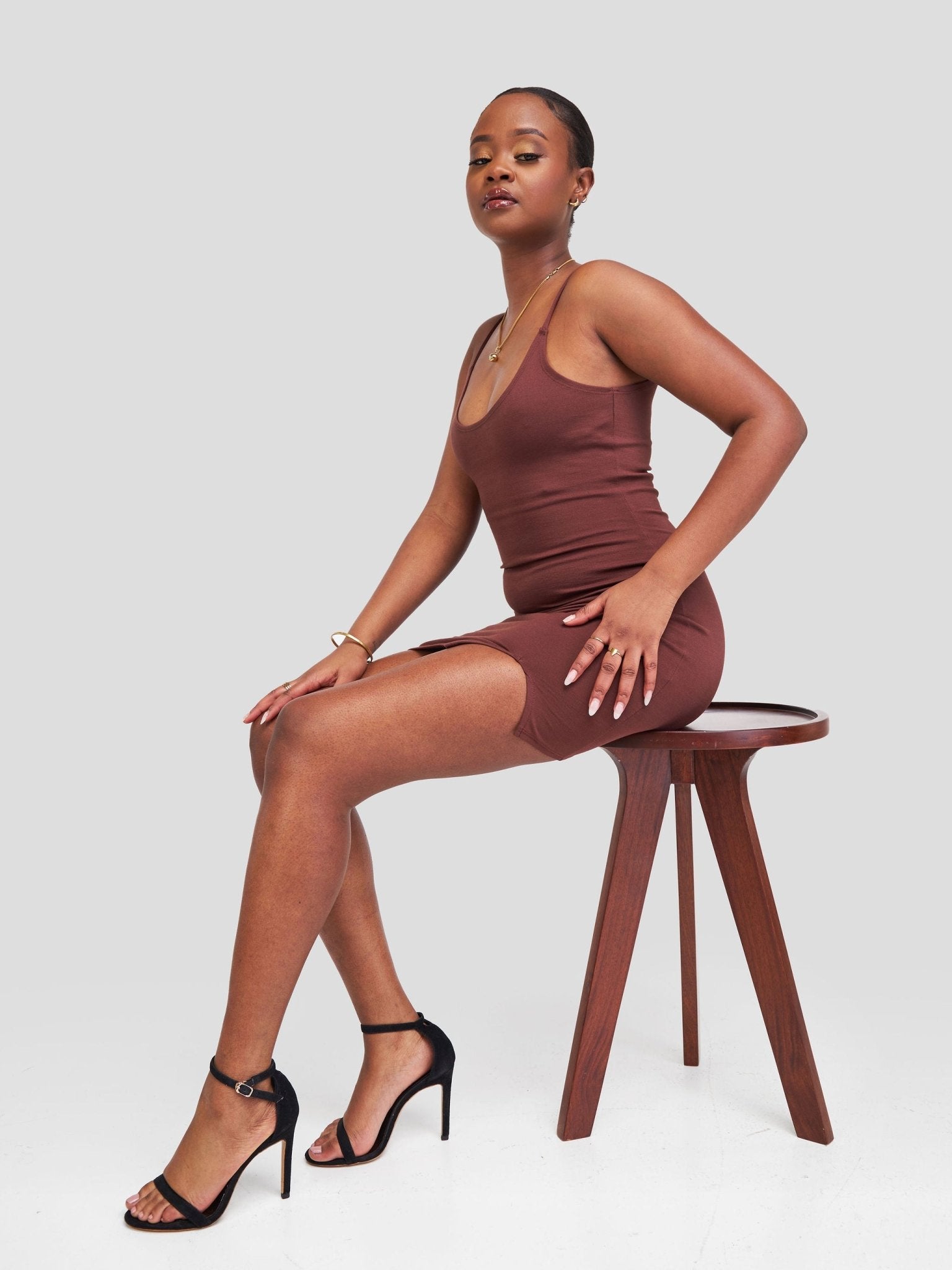 Popular 21 Sleeveless Bodycon Dress With Front Slit - Rum Raisin - Shopzetu