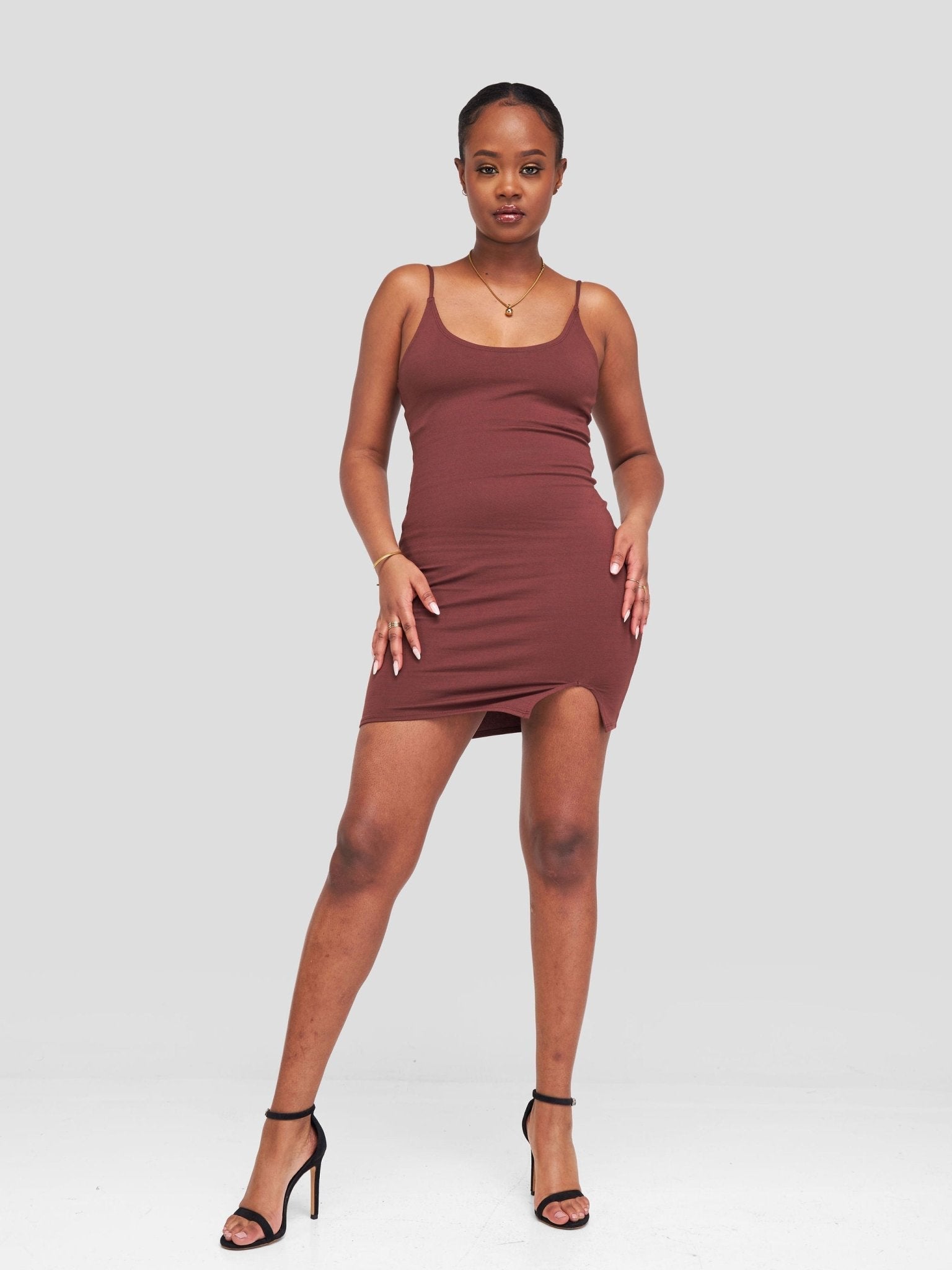 Popular 21 Sleeveless Bodycon Dress With Front Slit - Rum Raisin - Shopzetu