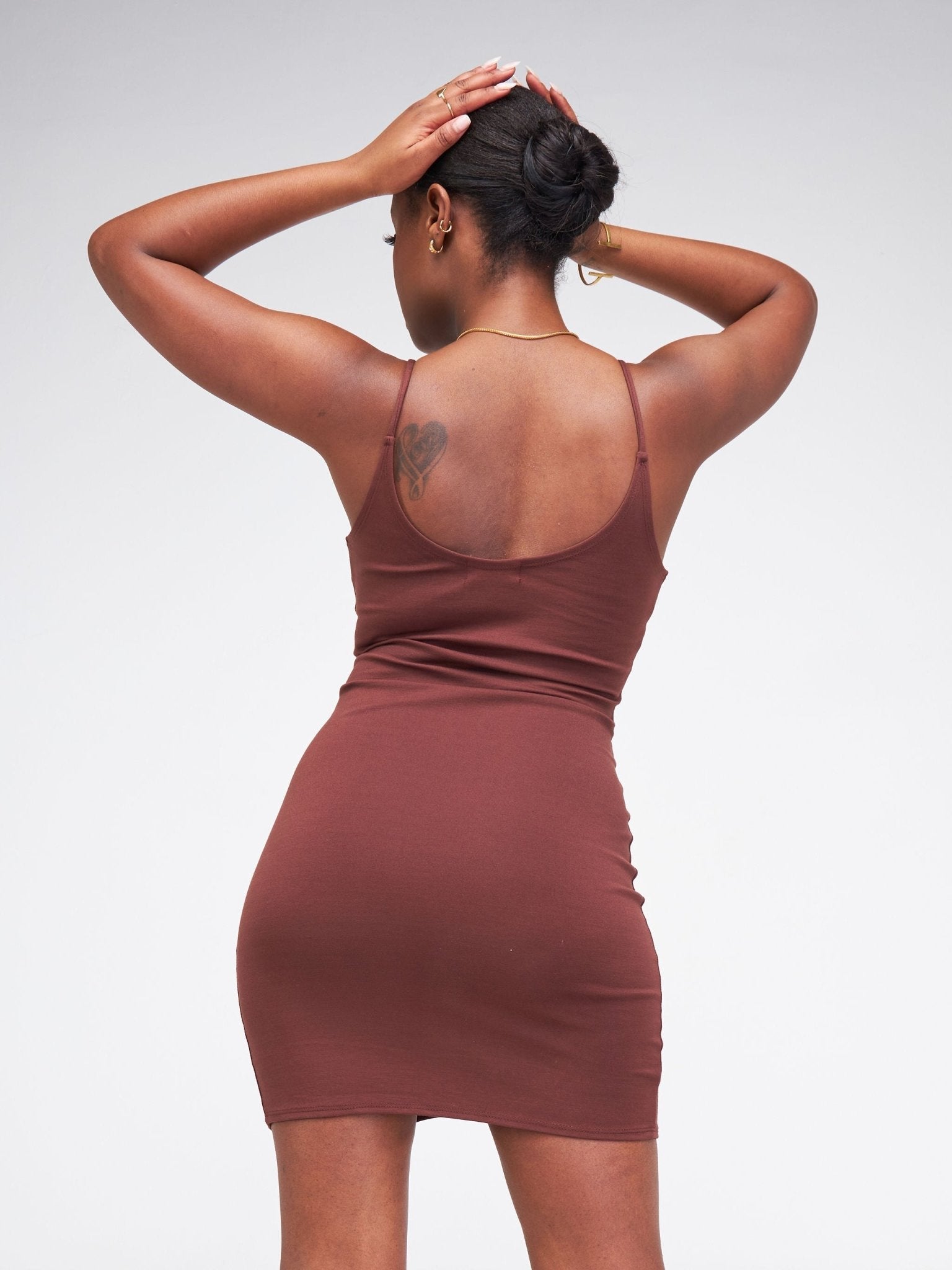 Popular 21 Sleeveless Bodycon Dress With Front Slit - Rum Raisin - Shopzetu