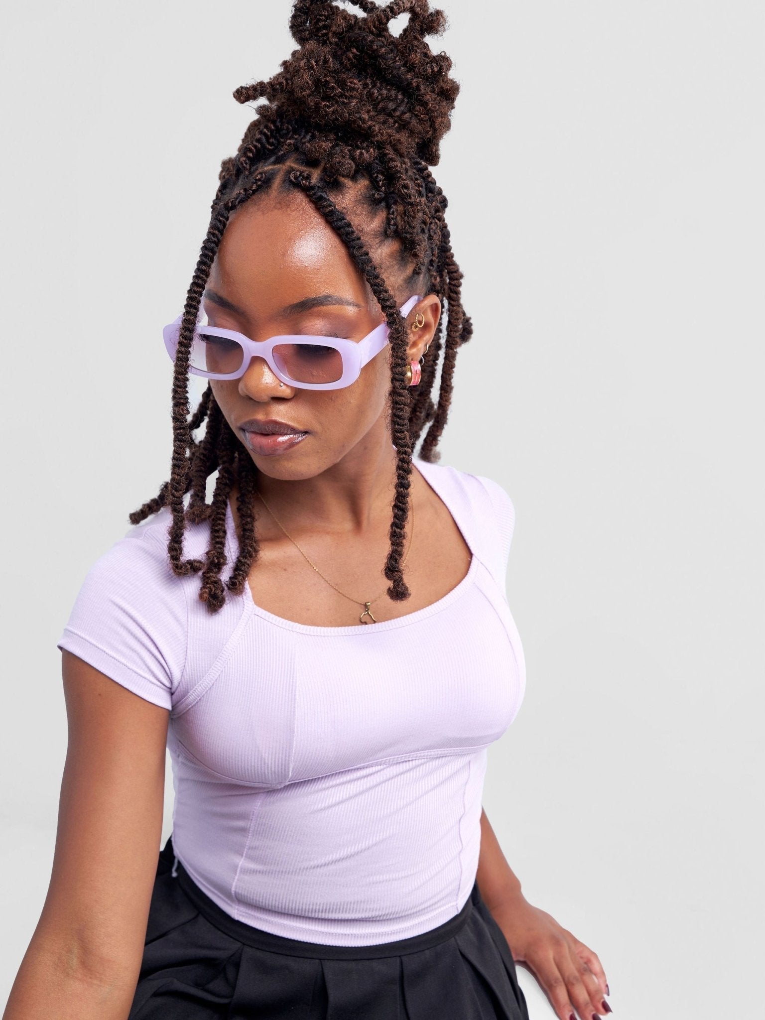 Lola Cropped Tee With Padded Bust & Corset Design - Lavender - Shopzetu