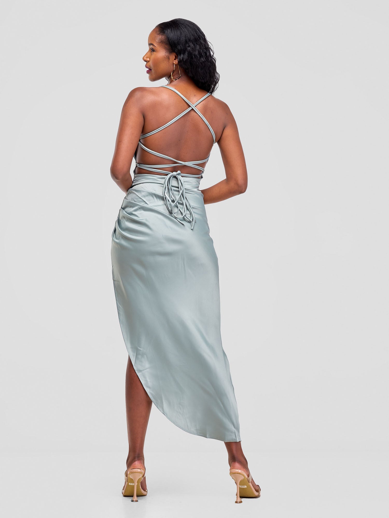 Backless Strappy Satin Dress With High Side Slit - Green