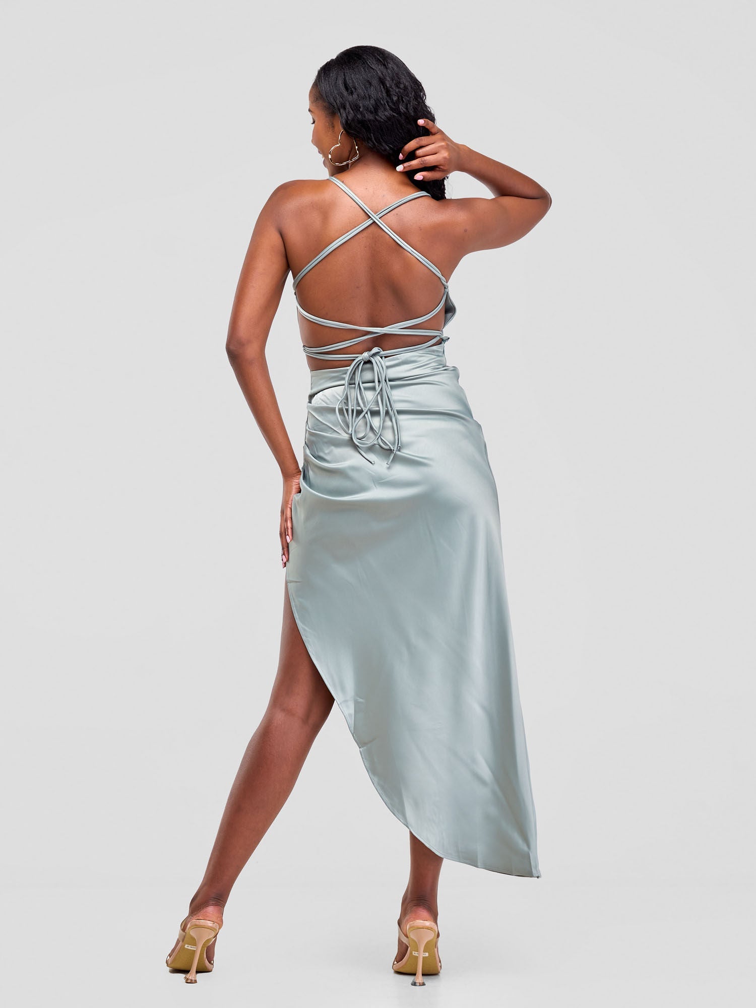 Backless Strappy Satin Dress With High Side Slit - Green