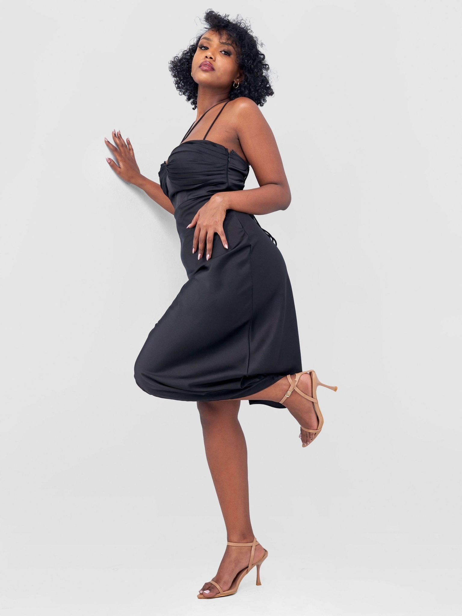 Lola Long Strappy Satin Dress with Pleated Bust - Black - Shopzetu