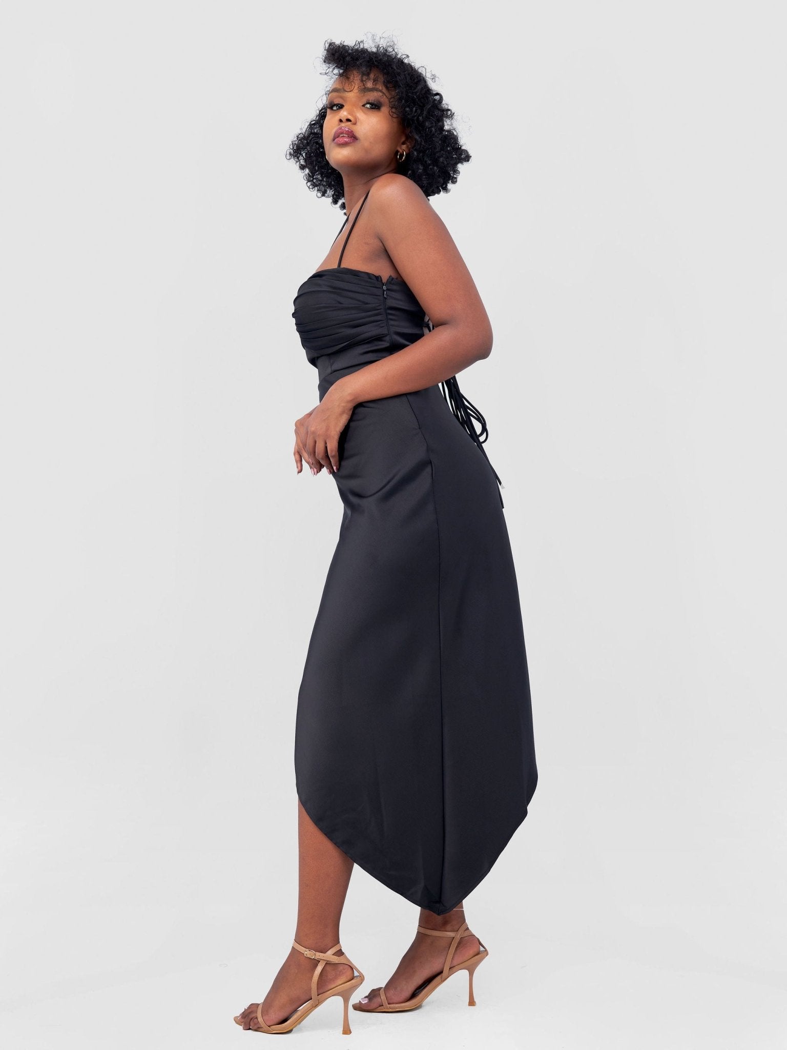 Lola Long Strappy Satin Dress with Pleated Bust - Black - Shopzetu