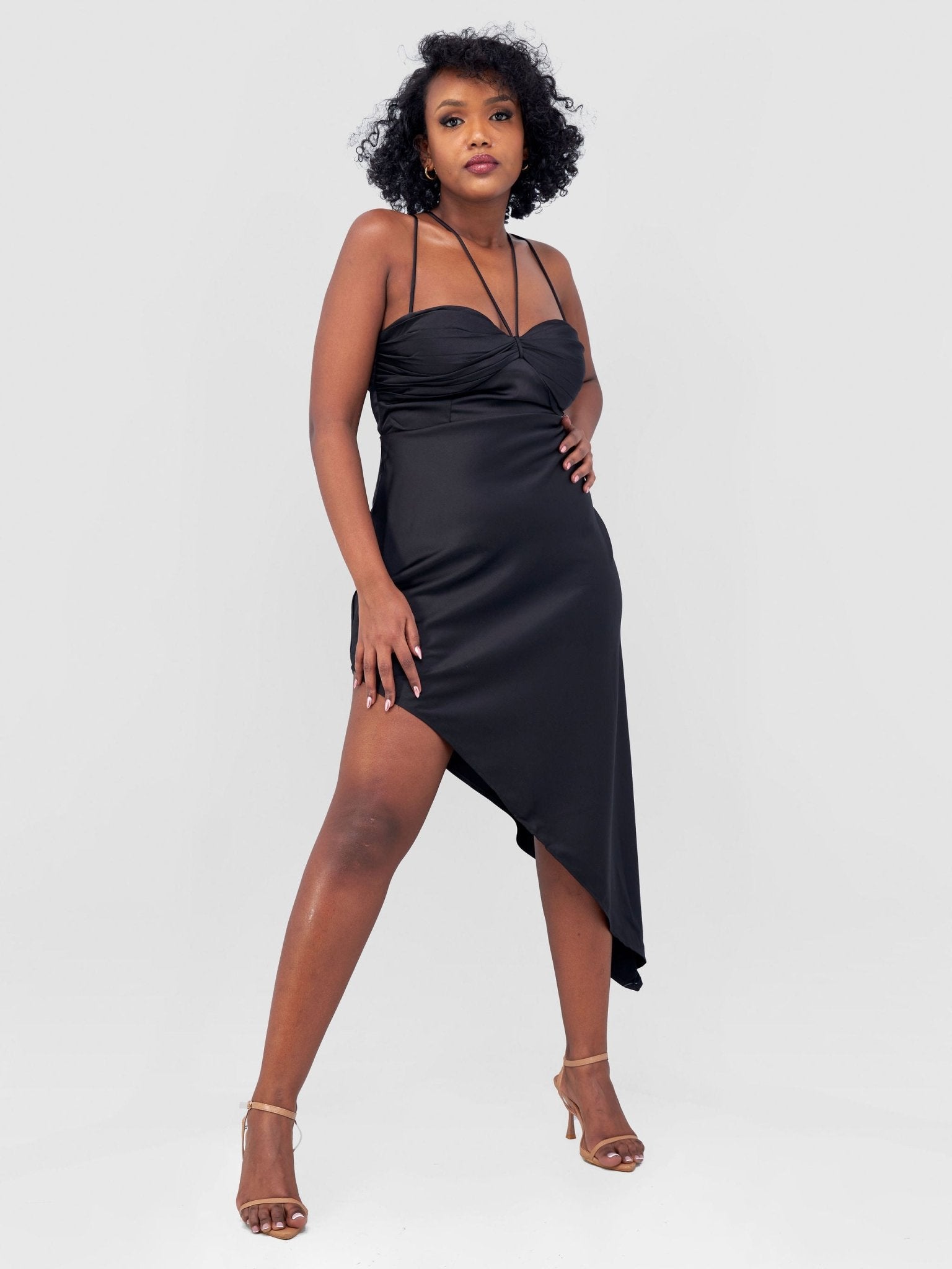 Lola Long Strappy Satin Dress with Pleated Bust - Black - Shopzetu