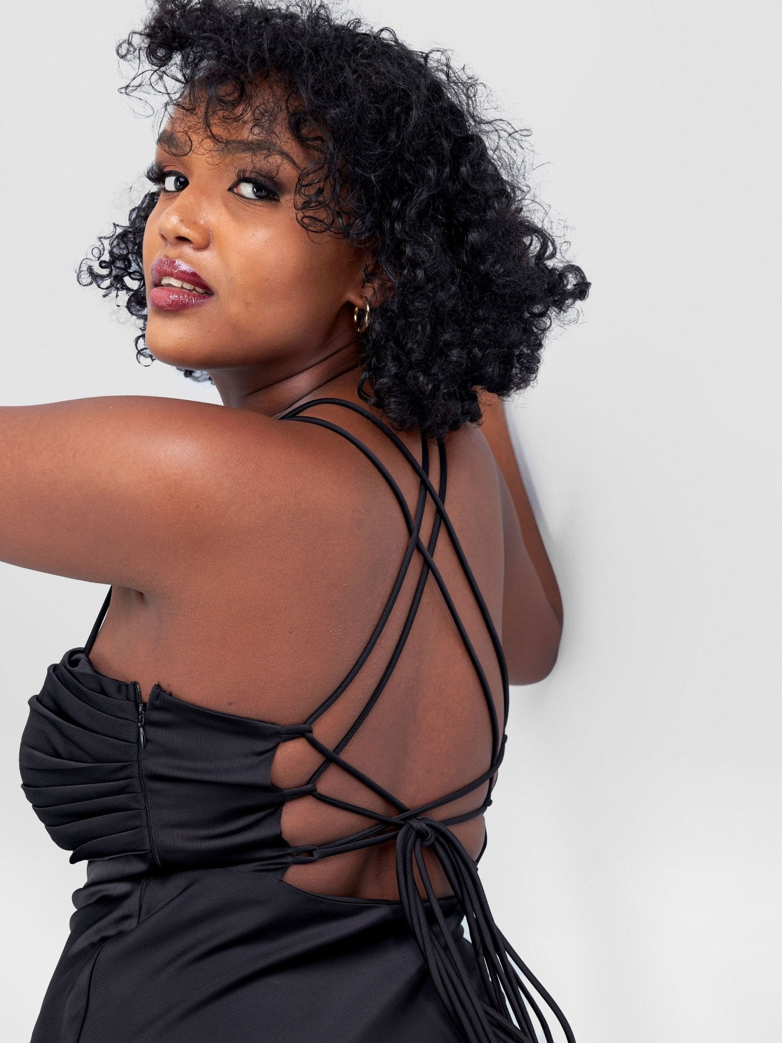 Lola Long Strappy Satin Dress with Pleated Bust - Black - Shopzetu