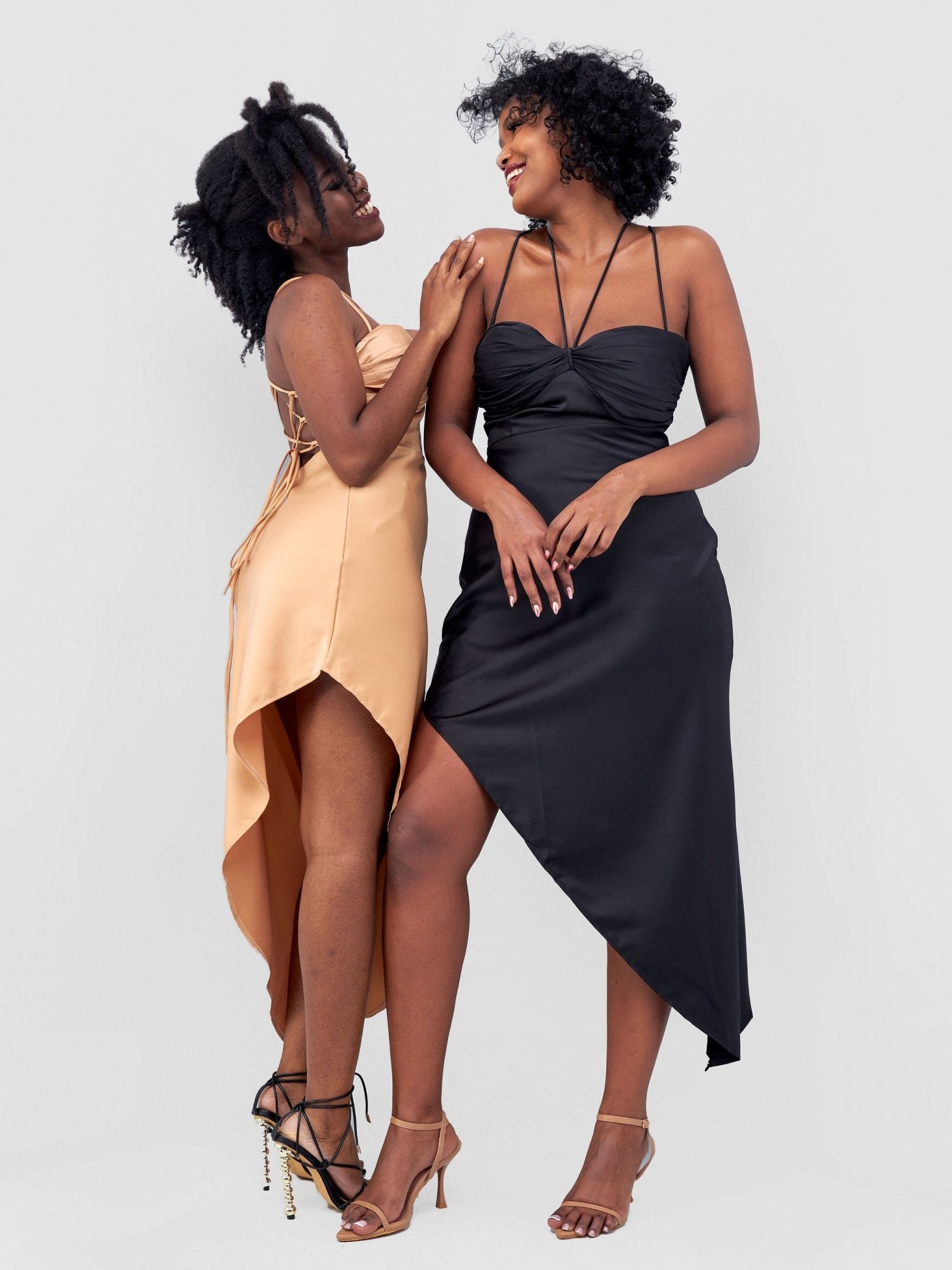 Lola Long Strappy Satin Dress with Pleated Bust - Black - Shopzetu