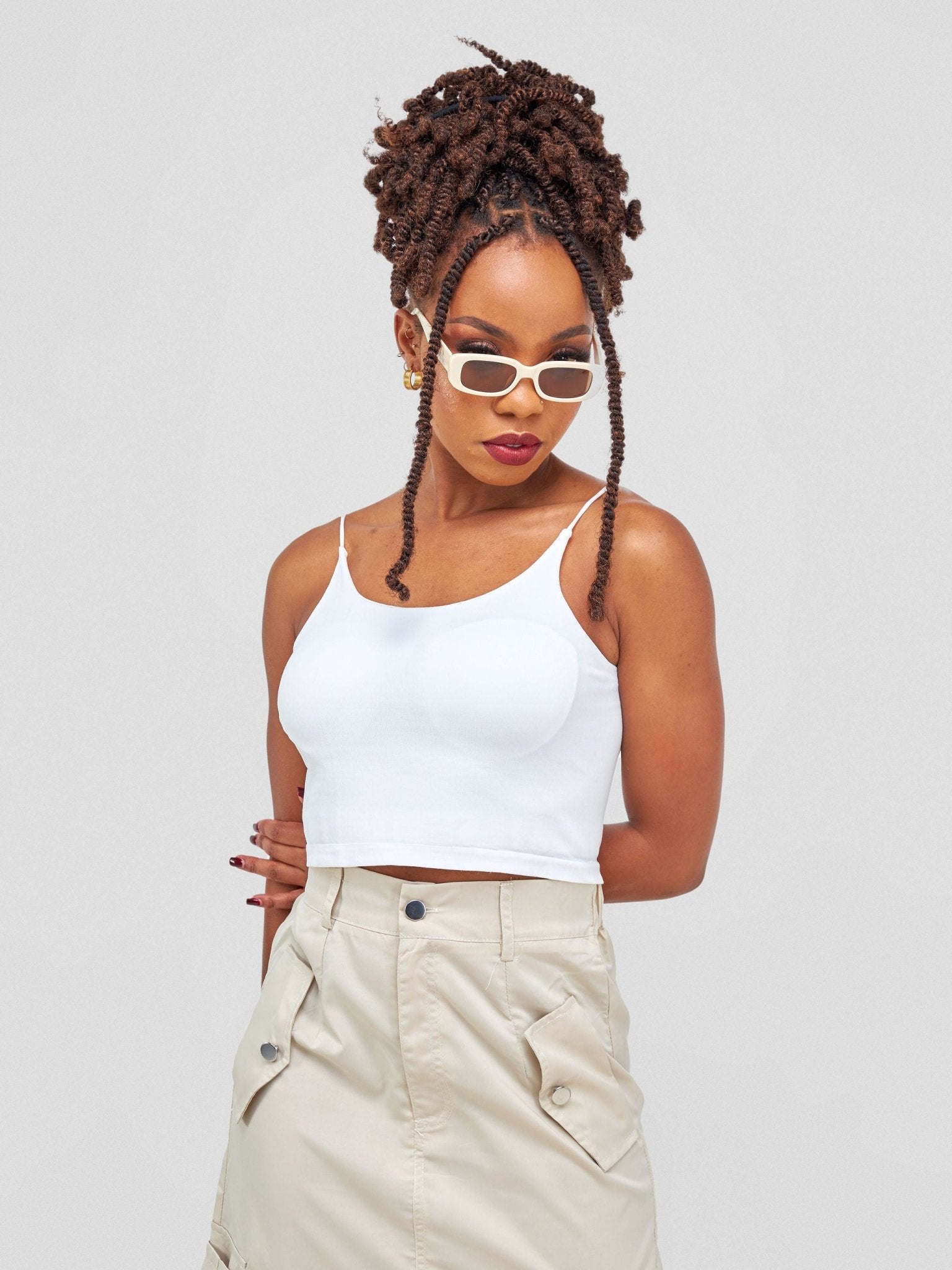 Lola Sleeveless Spaghetti Strap Crop Top With Open Back - White - Shopzetu