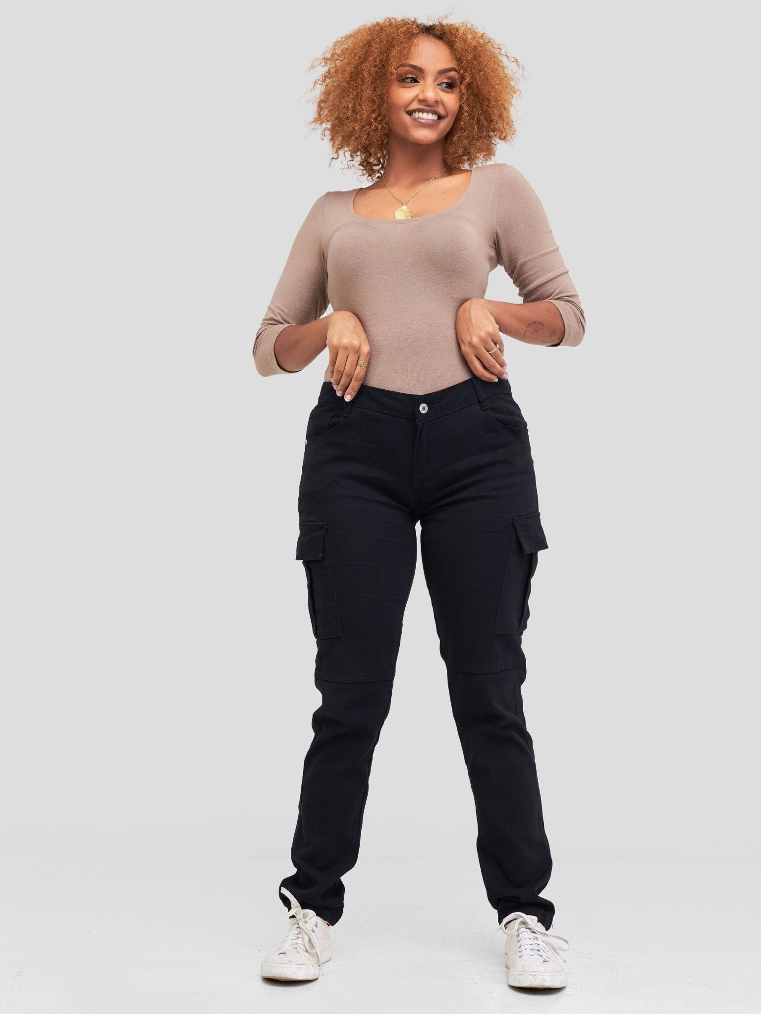 Anika Straight Cargo Pants With Pockets - Black - Shopzetu