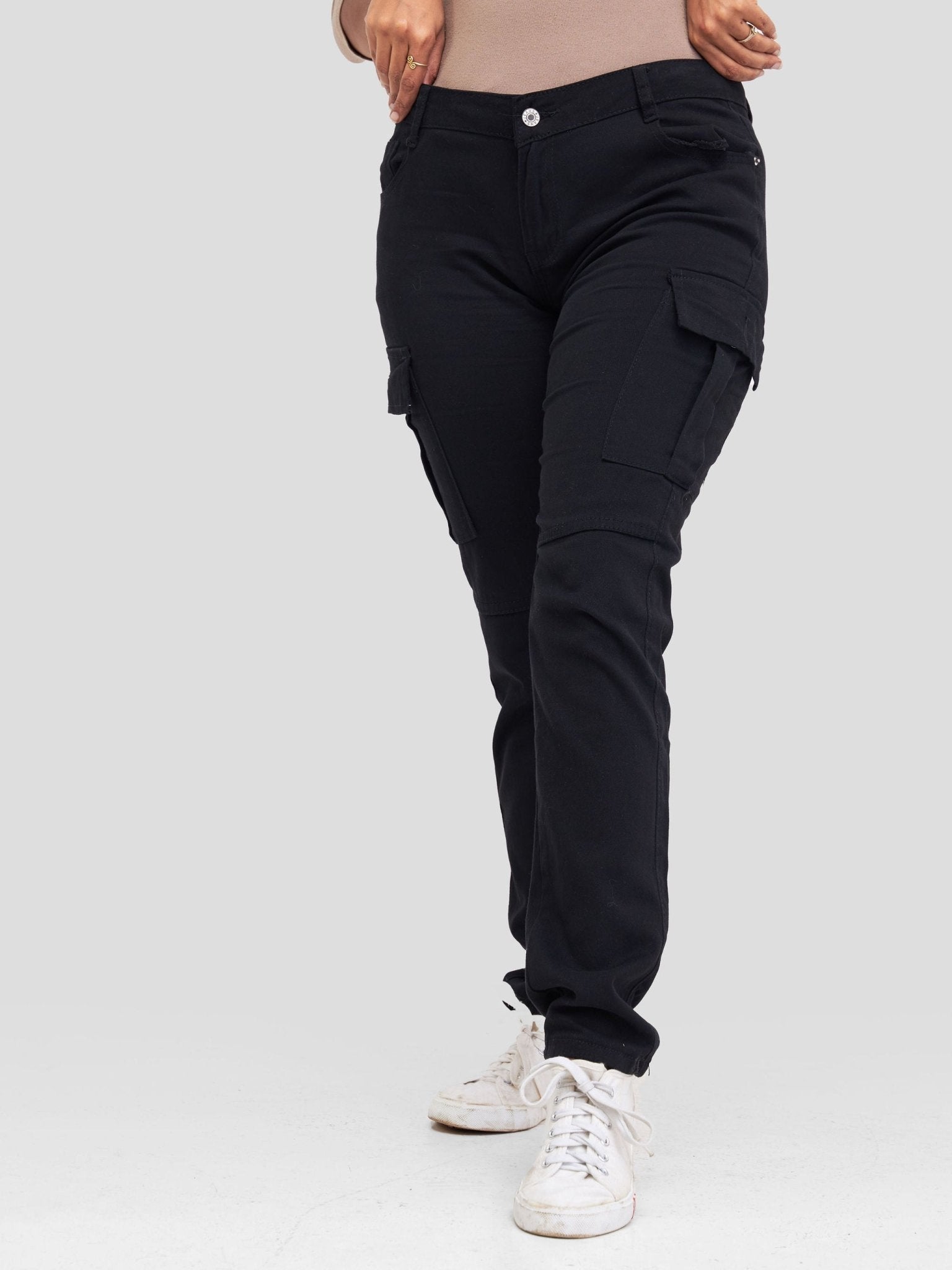 Anika Straight Cargo Pants With Pockets - Black - Shopzetu