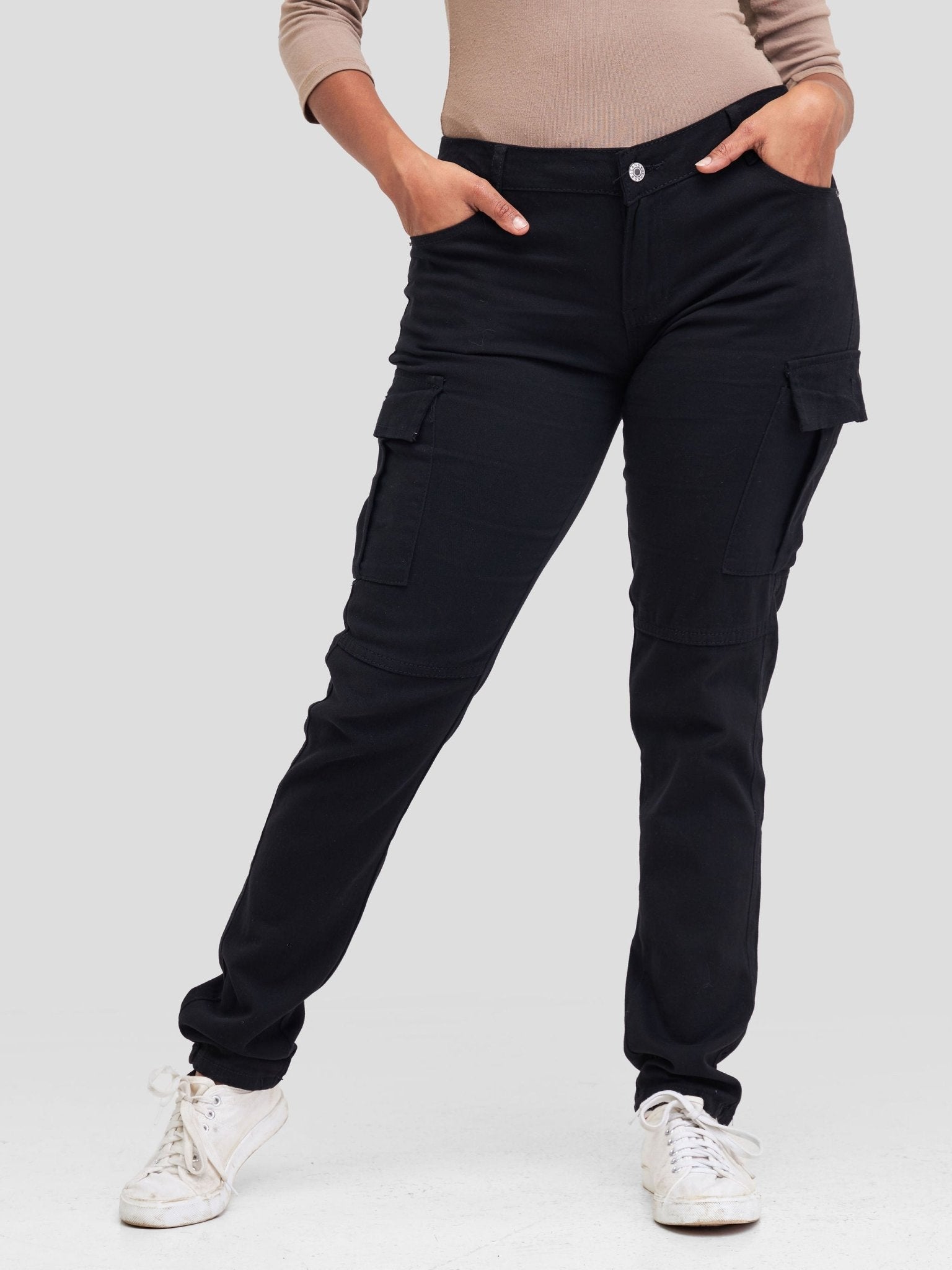 Anika Straight Cargo Pants With Pockets - Black - Shopzetu
