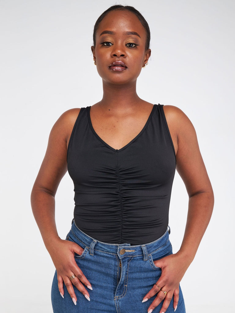 Lola Black V Neck Sleeveless Ruched Bodysuit Top - Black - Shopzetu