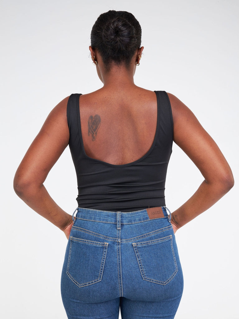 Lola Black V Neck Sleeveless Ruched Bodysuit Top - Black - Shopzetu