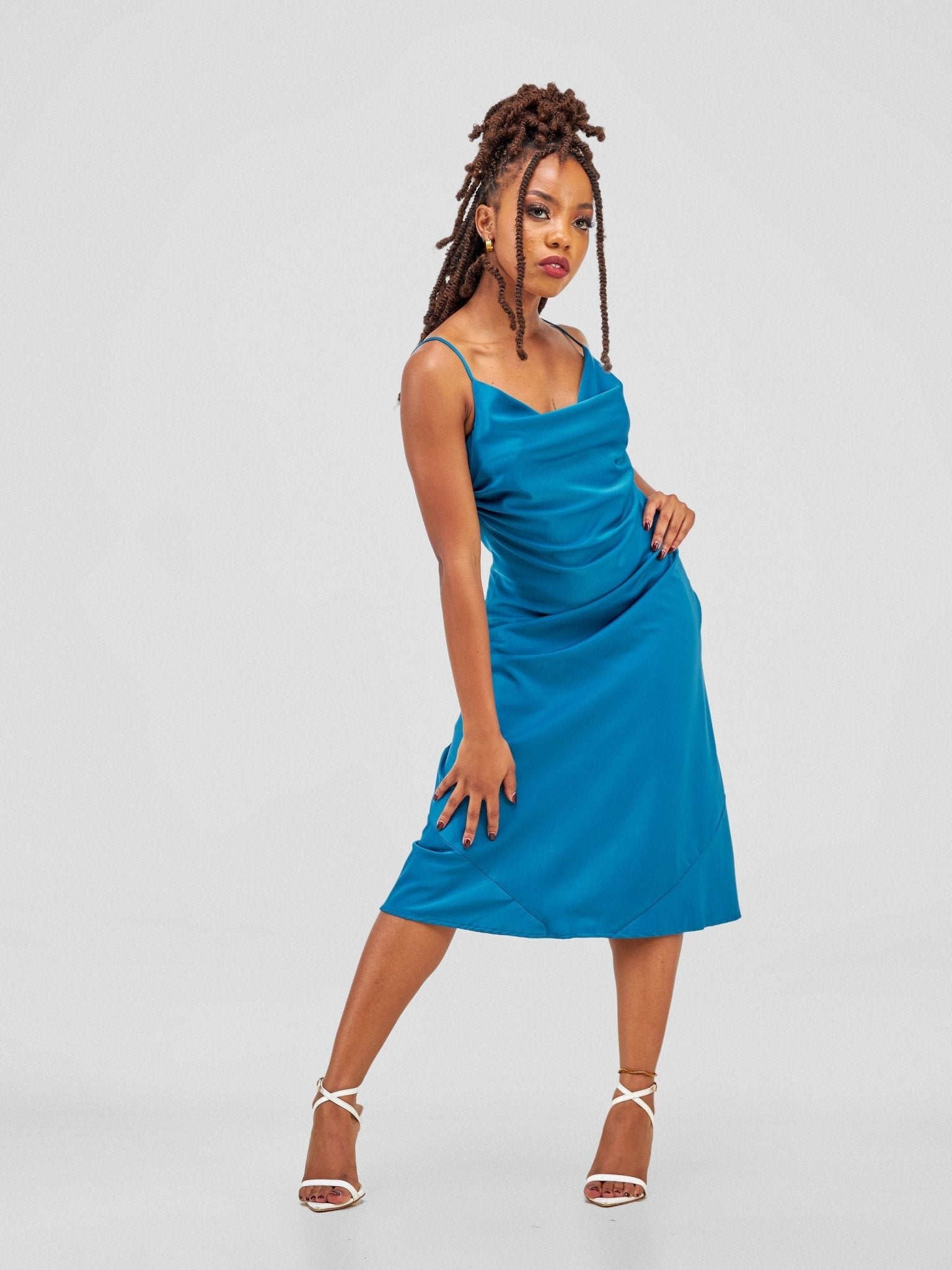 Lola Satin Cowl Neck Slip Dress - Teal - Shopzetu