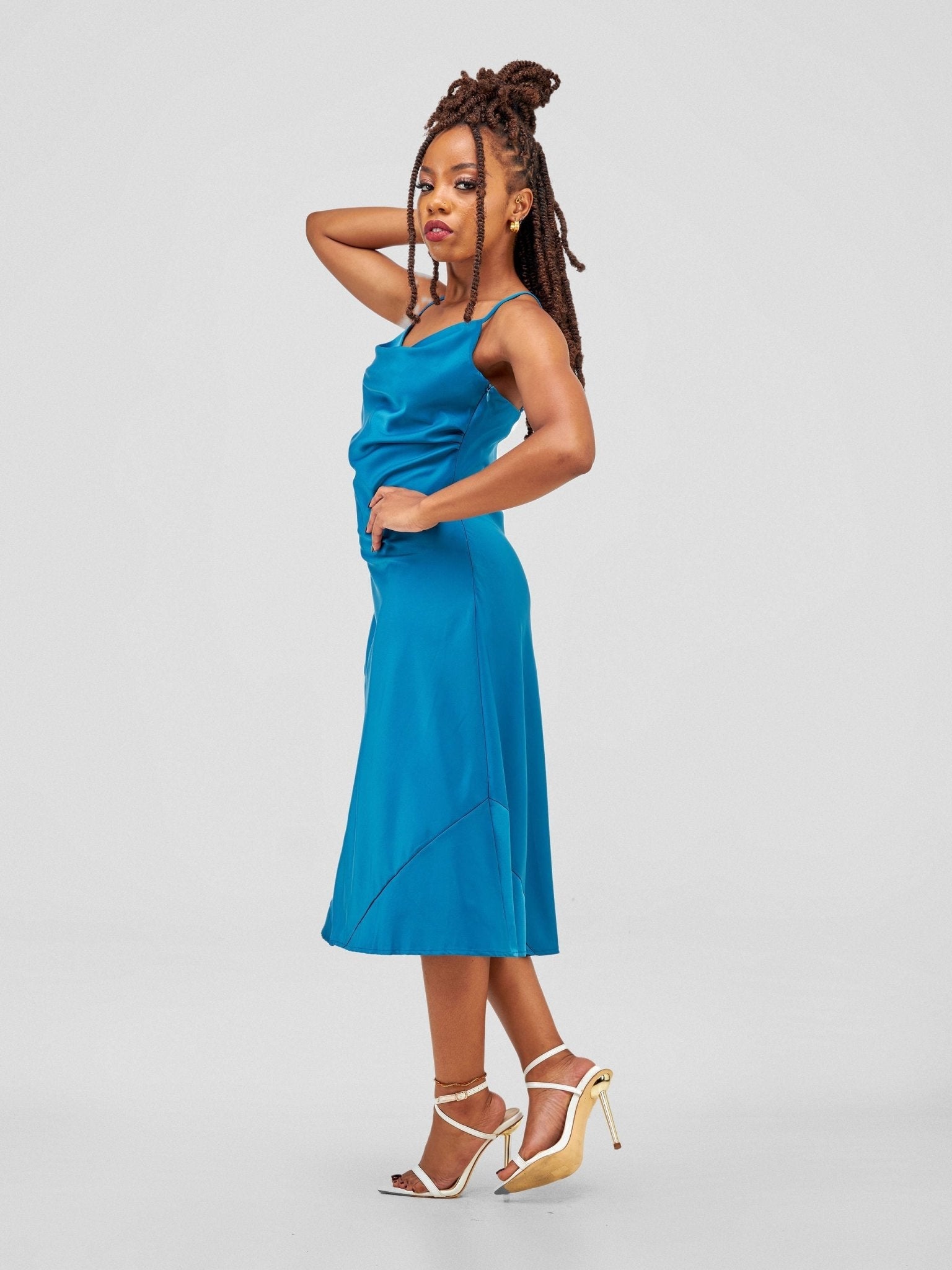 Lola Satin Cowl Neck Slip Dress - Teal - Shopzetu