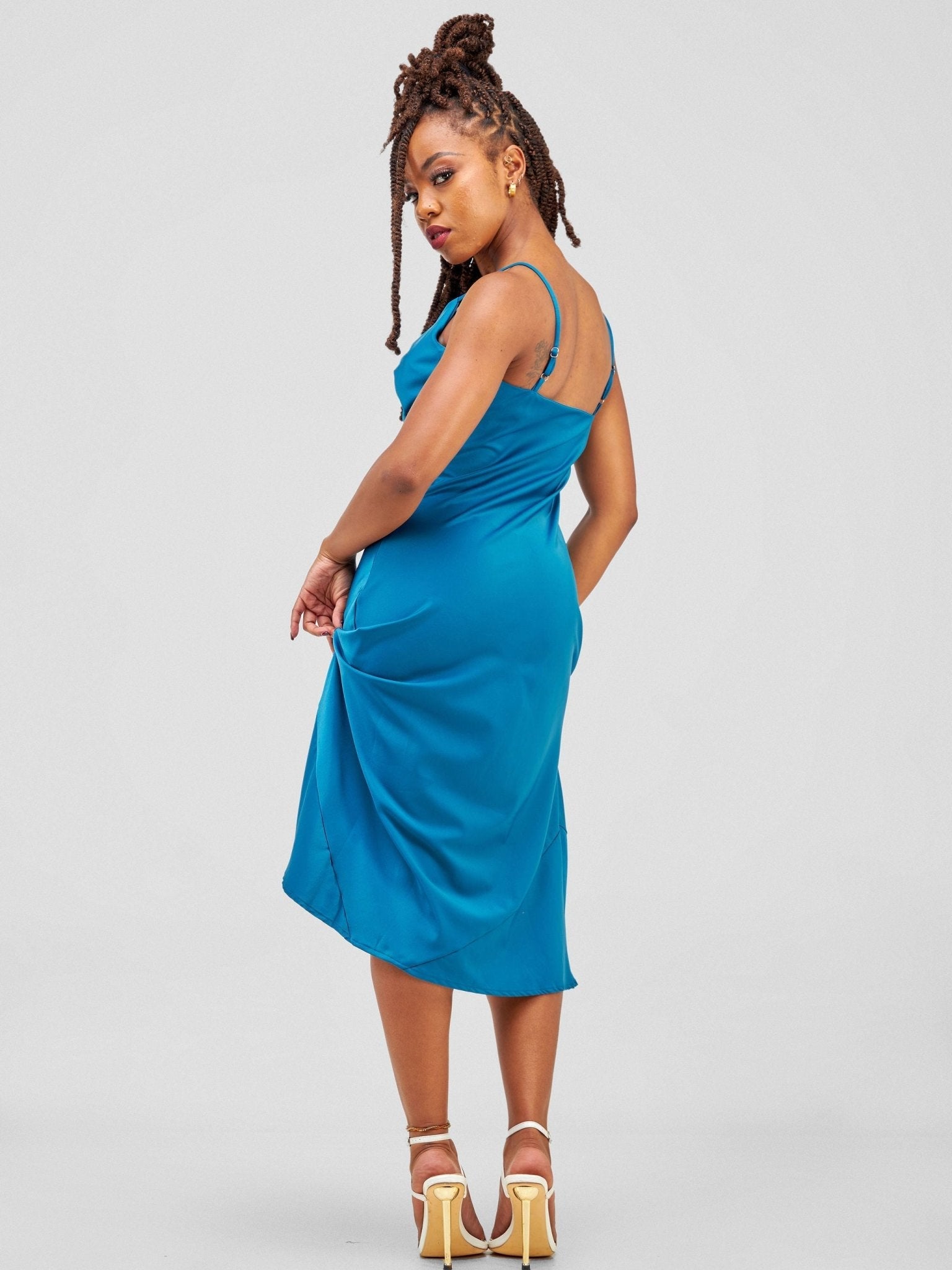 Lola Satin Cowl Neck Slip Dress - Teal - Shopzetu