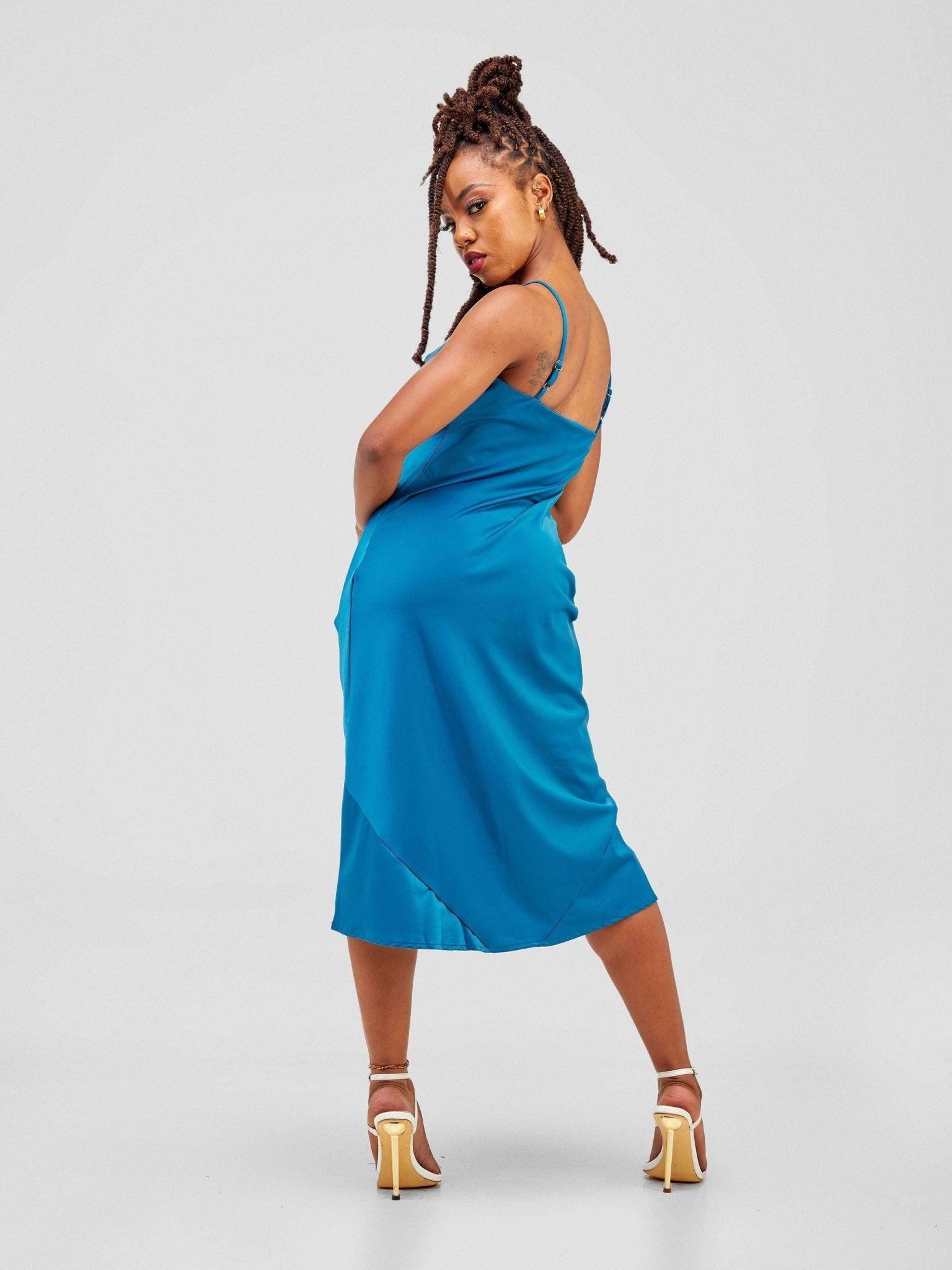 Lola Satin Cowl Neck Slip Dress - Teal - Shopzetu