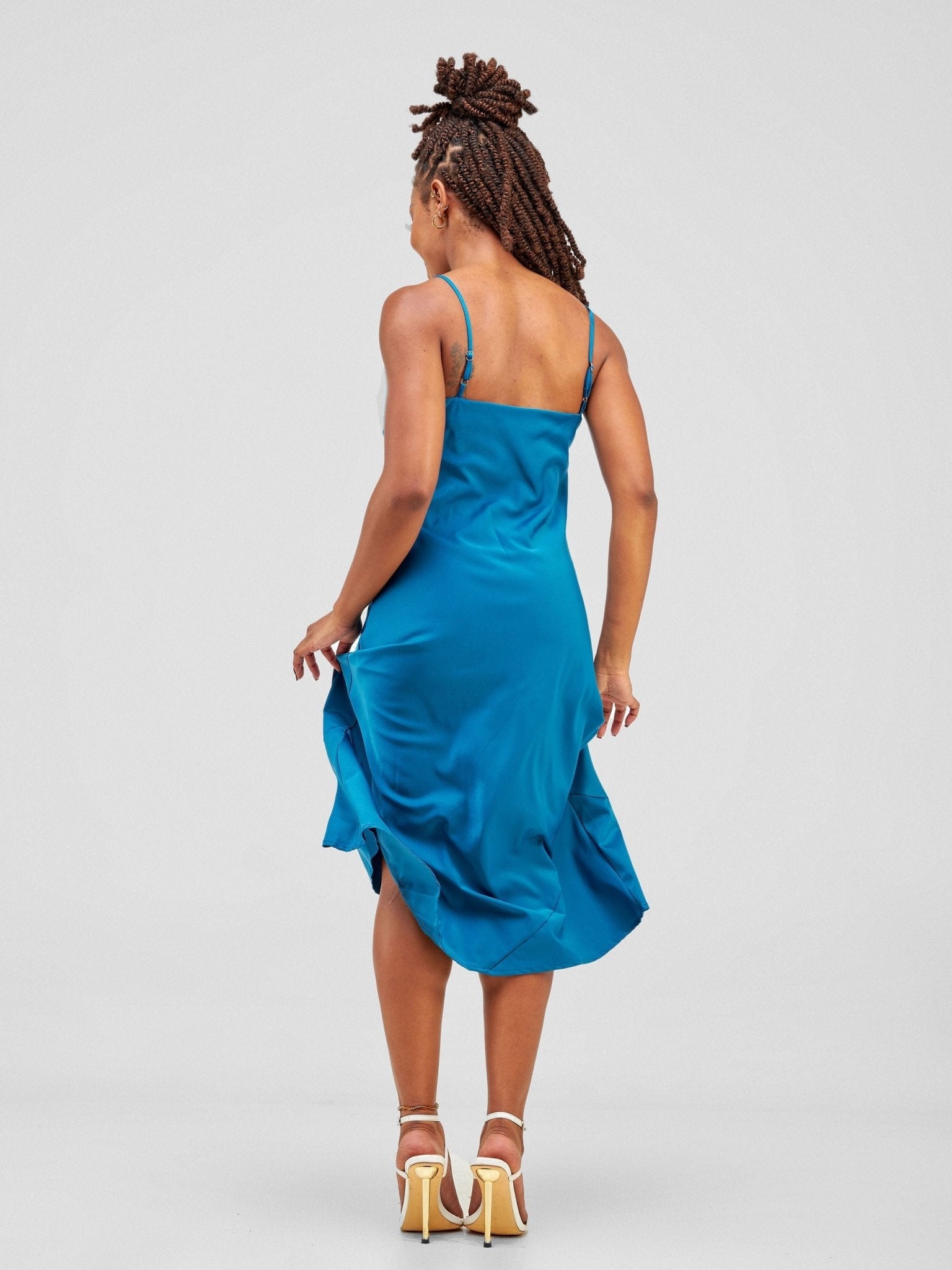 Lola Satin Cowl Neck Slip Dress - Teal - Shopzetu