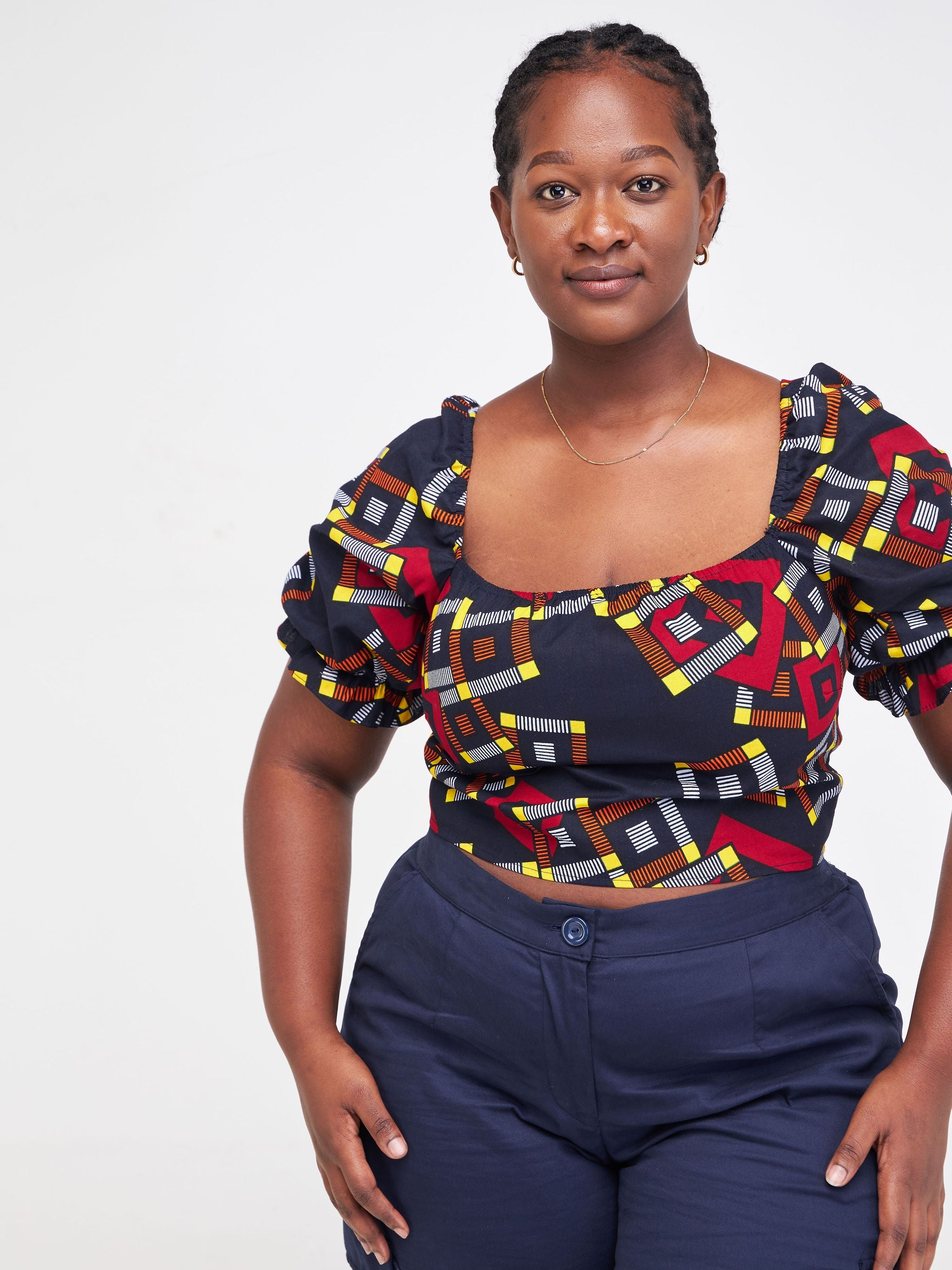 Safari Anga Puffy Short Sleeve Tie Top - Navy Blue / Orange Ankara Print