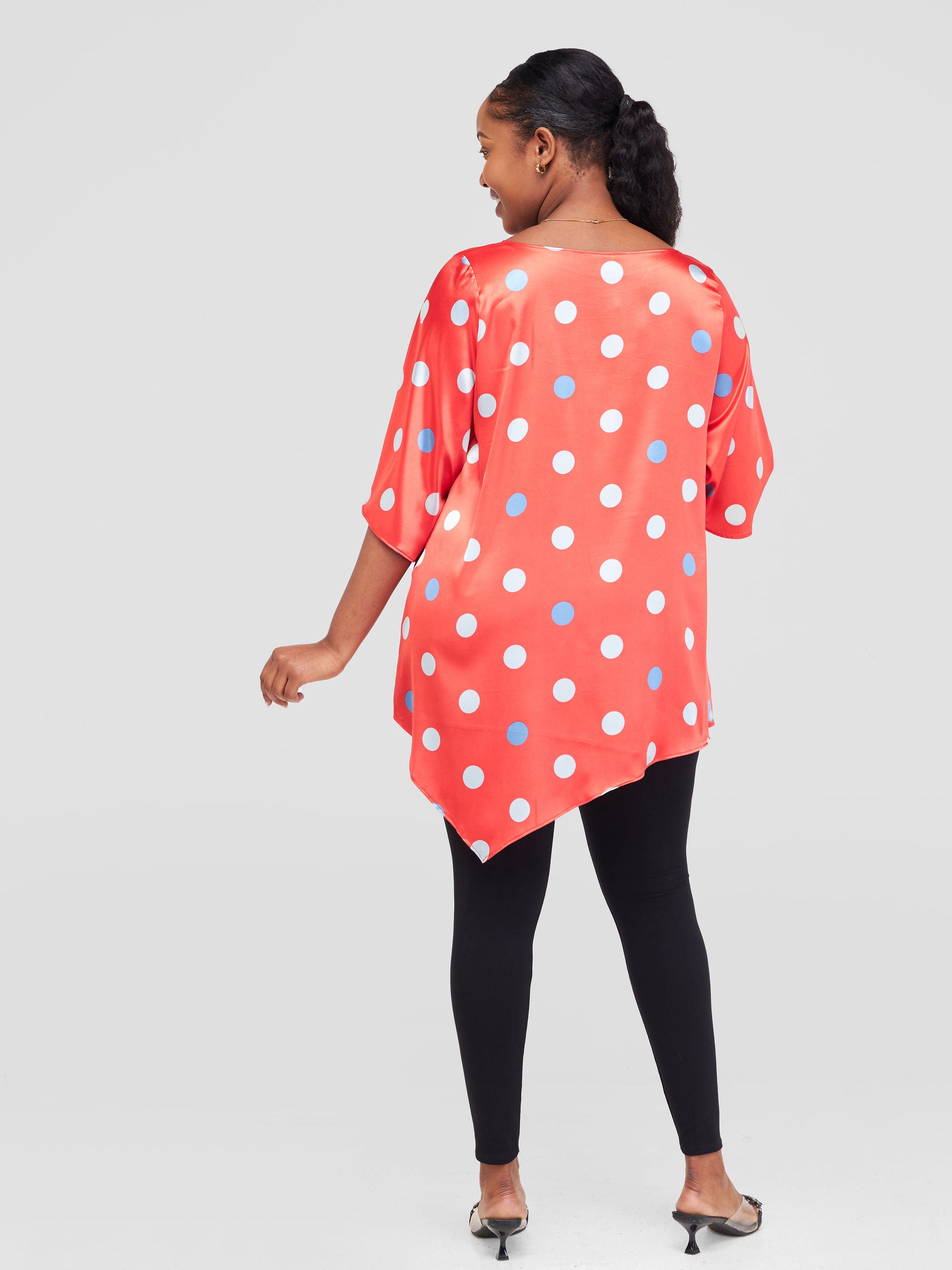Vivo Asymmetric Angel Satin Top - Red / Silver Polka Dot Print