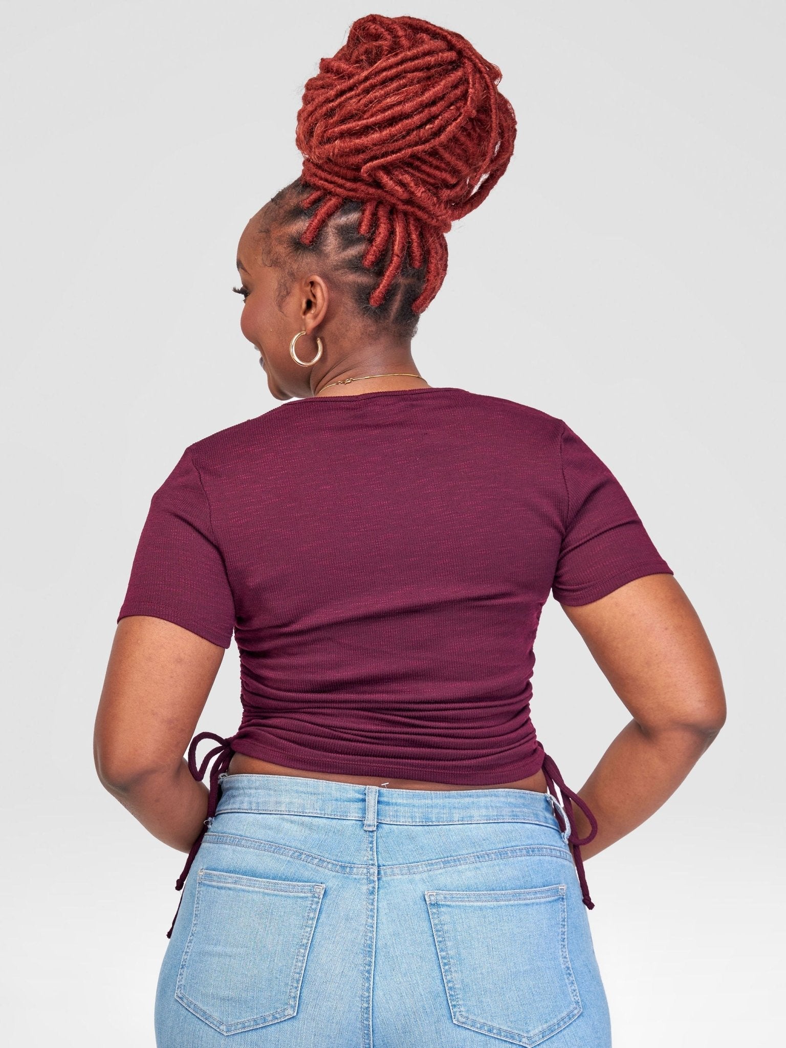 Popular 21 Elastic side tie spaghetti Short Sleeve Top - Wine - Shopzetu