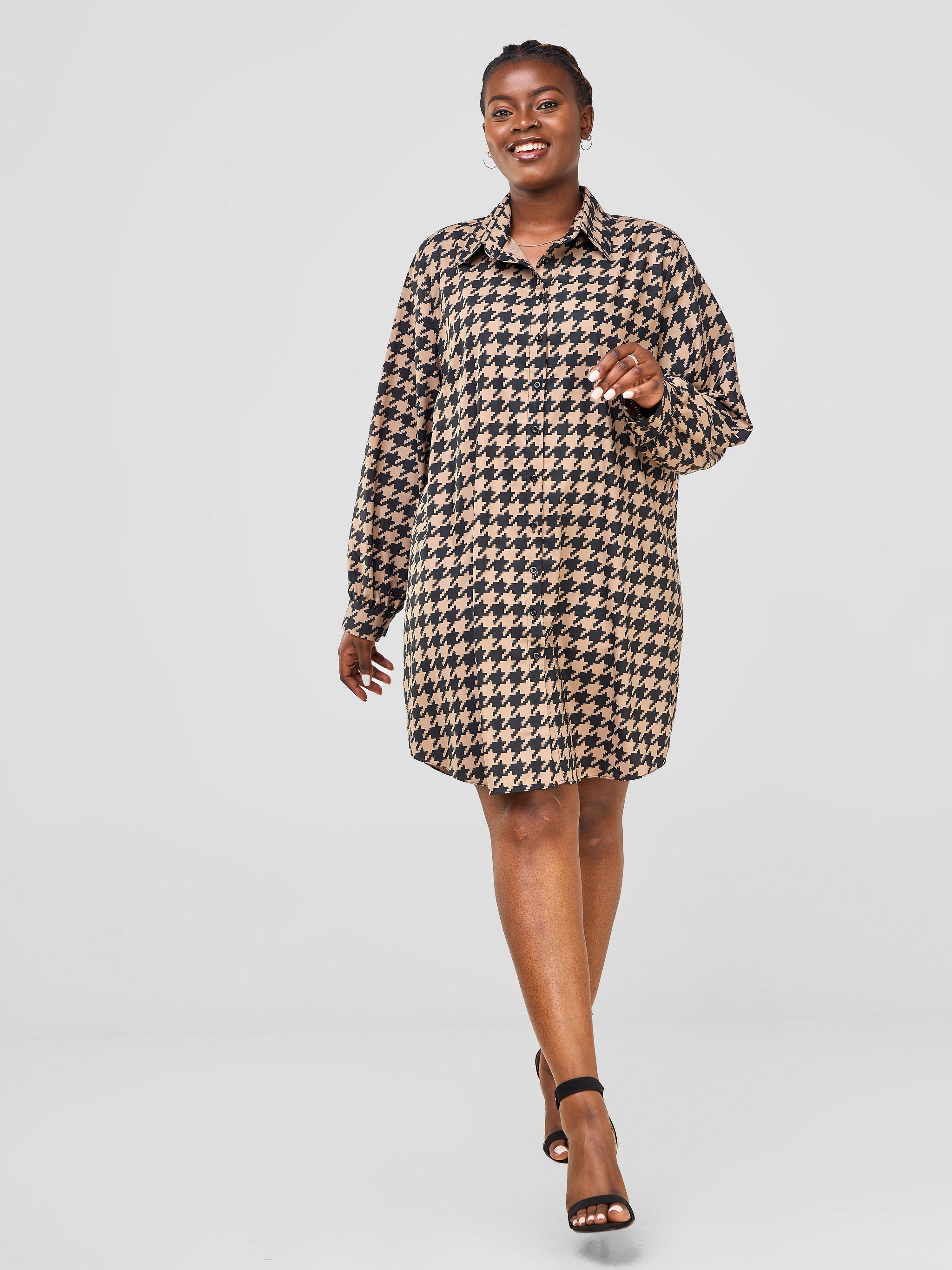 Zoya Sitawi Shirt Dress - Black / Taupe Abstract Print