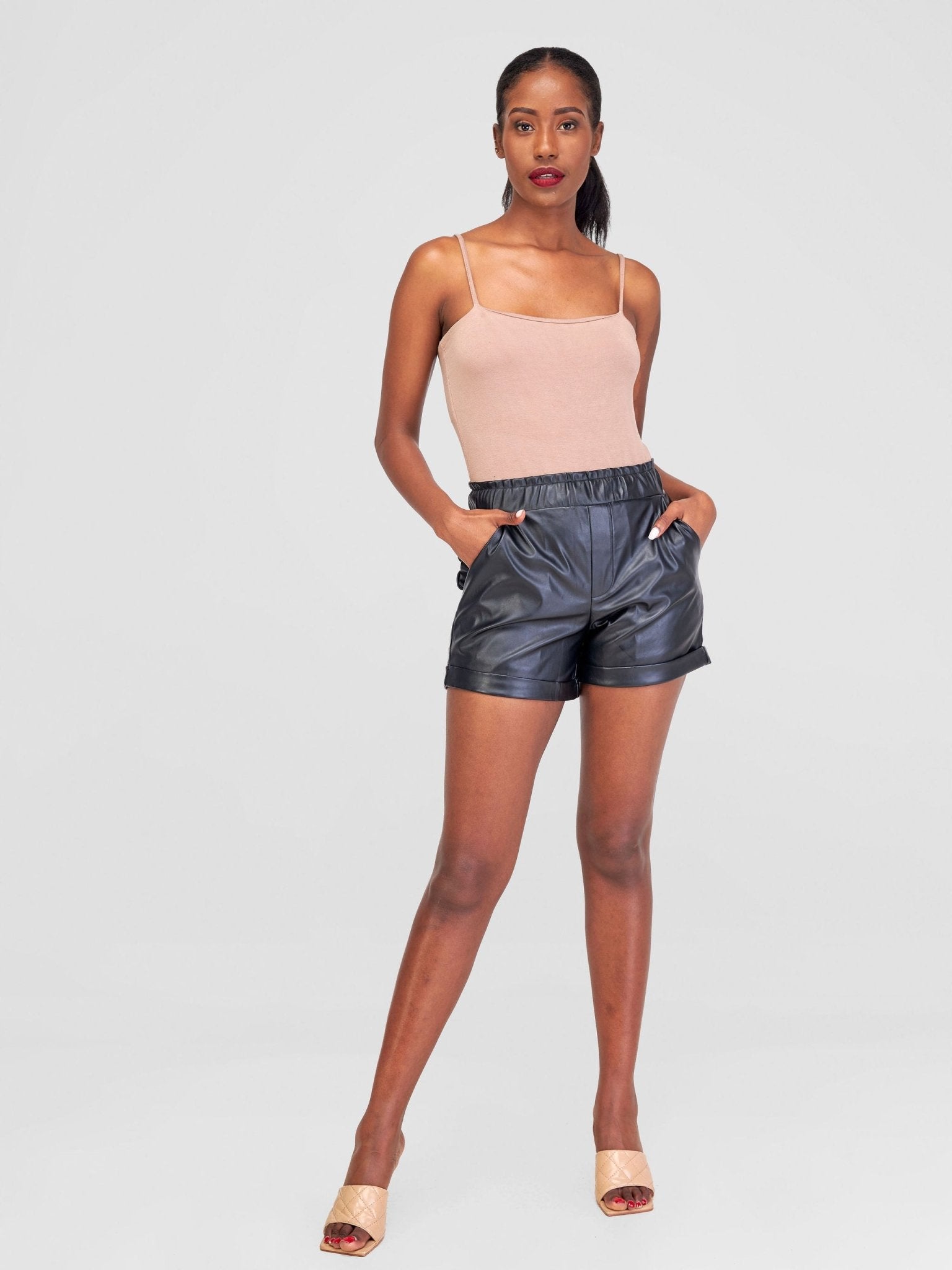 Popular 21 Leather Effect Shorts - Black - Shopzetu