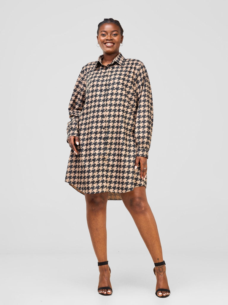 Zoya Sitawi Shirt Dress - Black / Taupe Abstract Print - Shopzetu