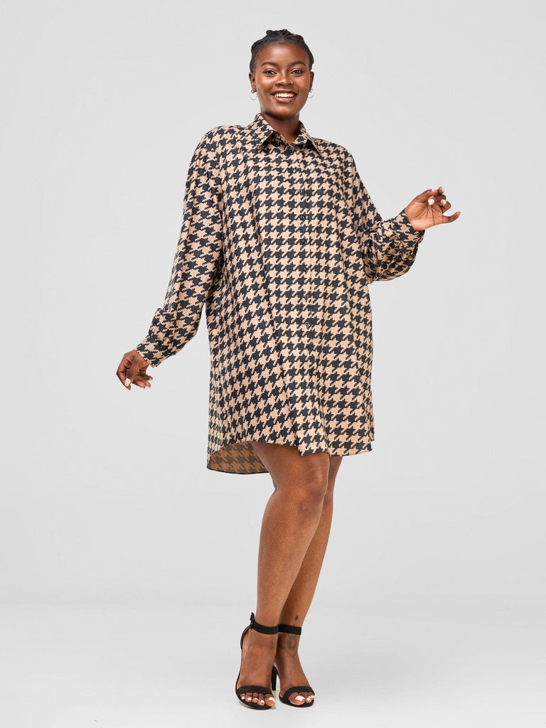 Zoya Sitawi Shirt Dress - Black / Taupe Abstract Print - Shopzetu