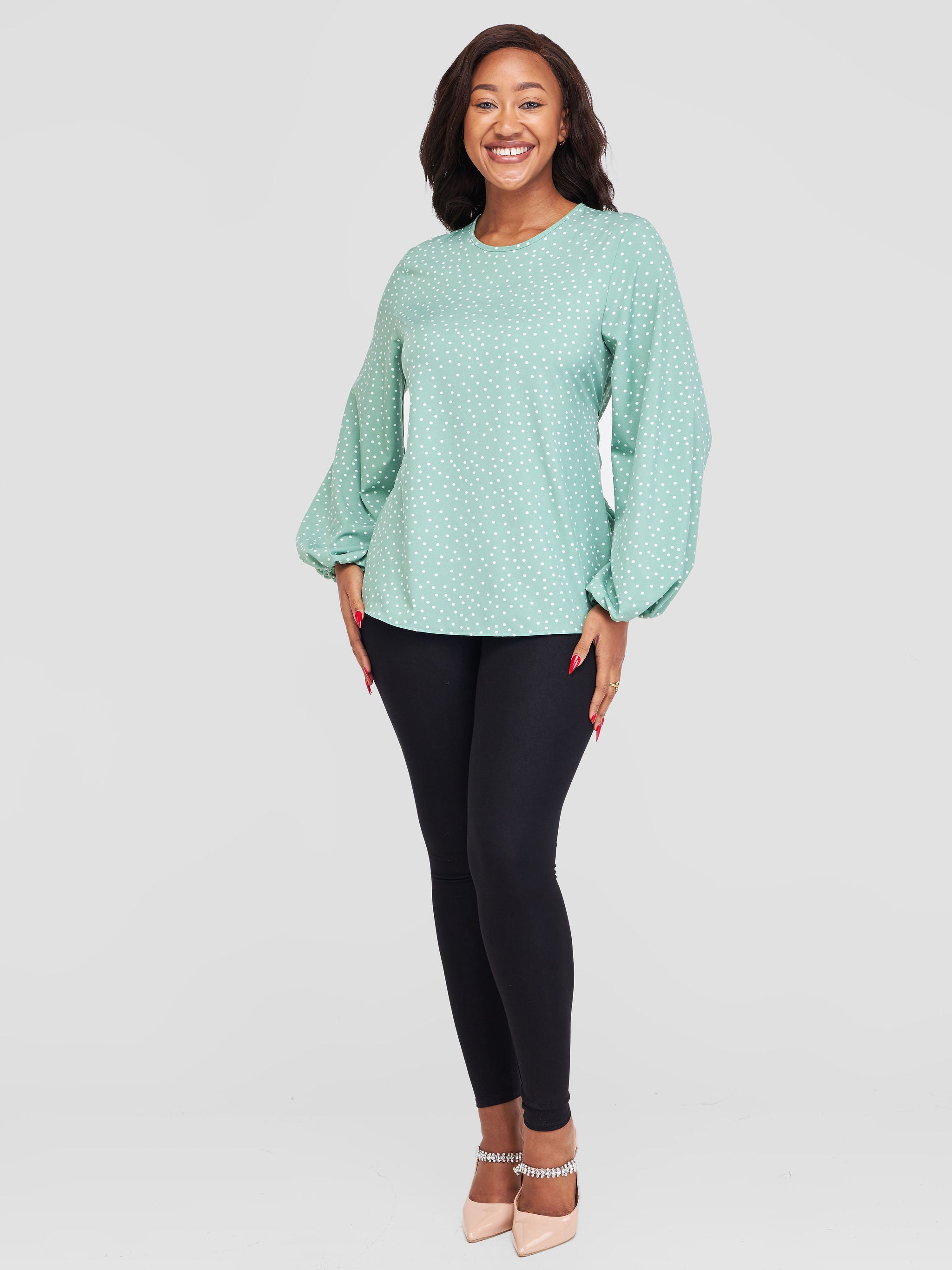 Vivo Basic Crepe Tie Top - Mint Green / White Polka Dot