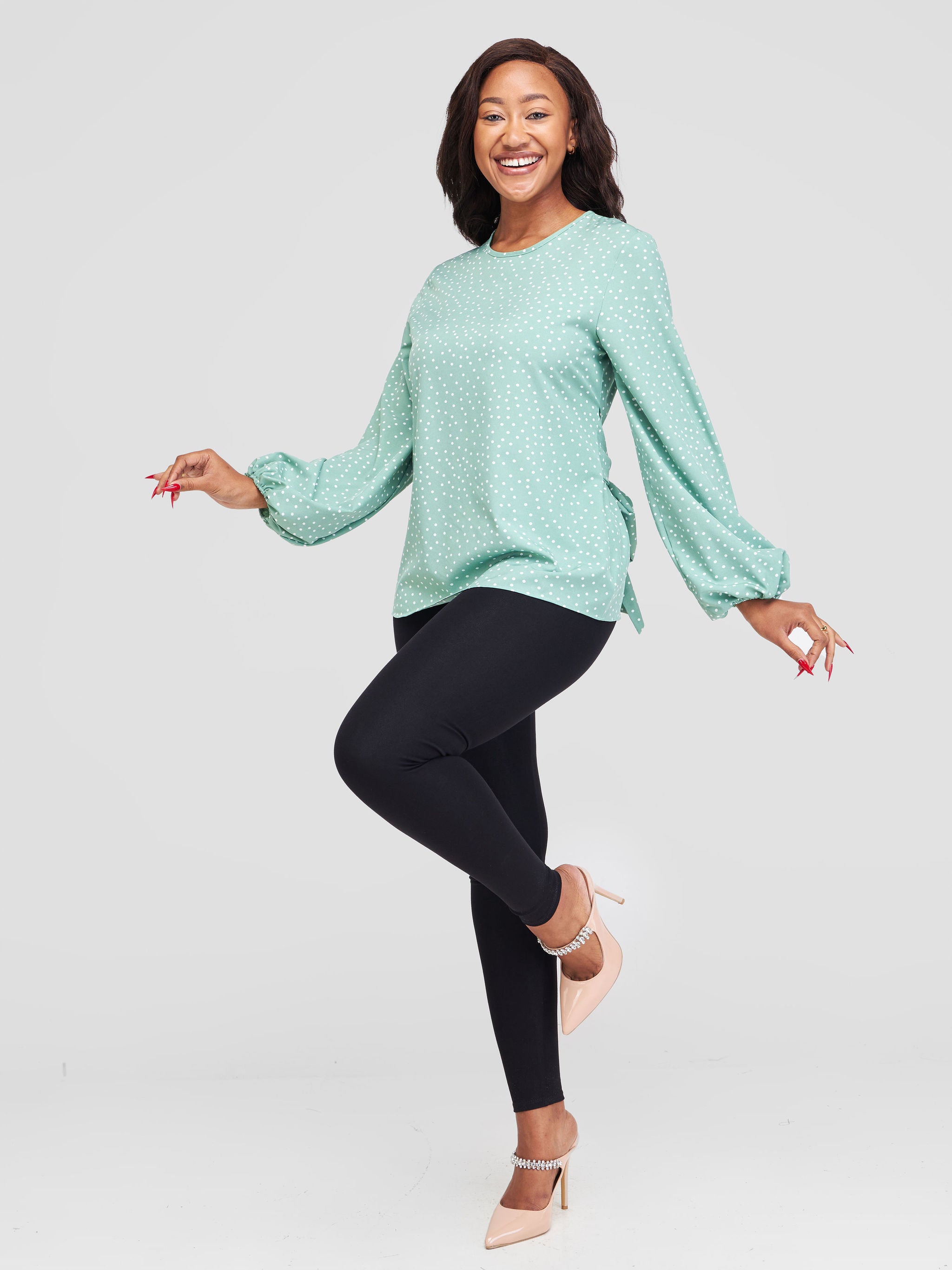 Vivo Basic Crepe Tie Top - Mint Green / White Polka Dot