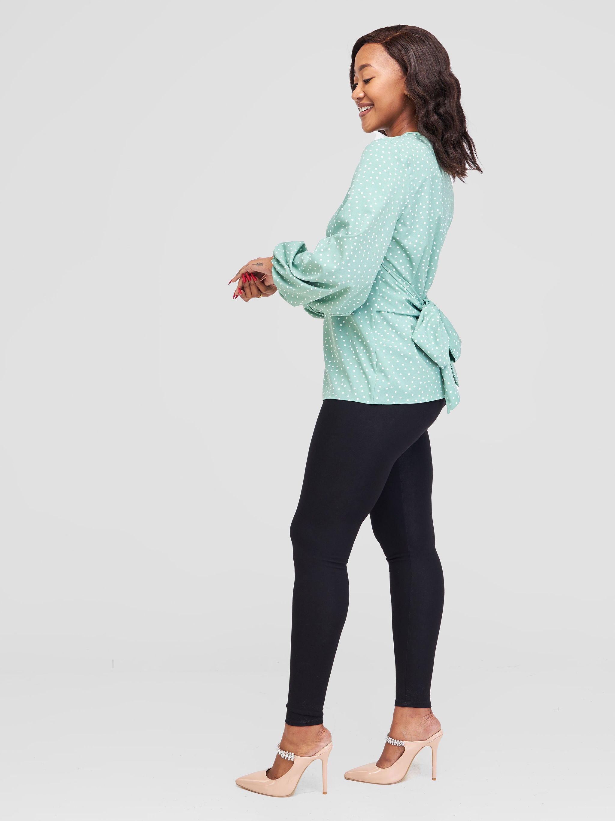 Vivo Basic Crepe Tie Top - Mint Green / White Polka Dot