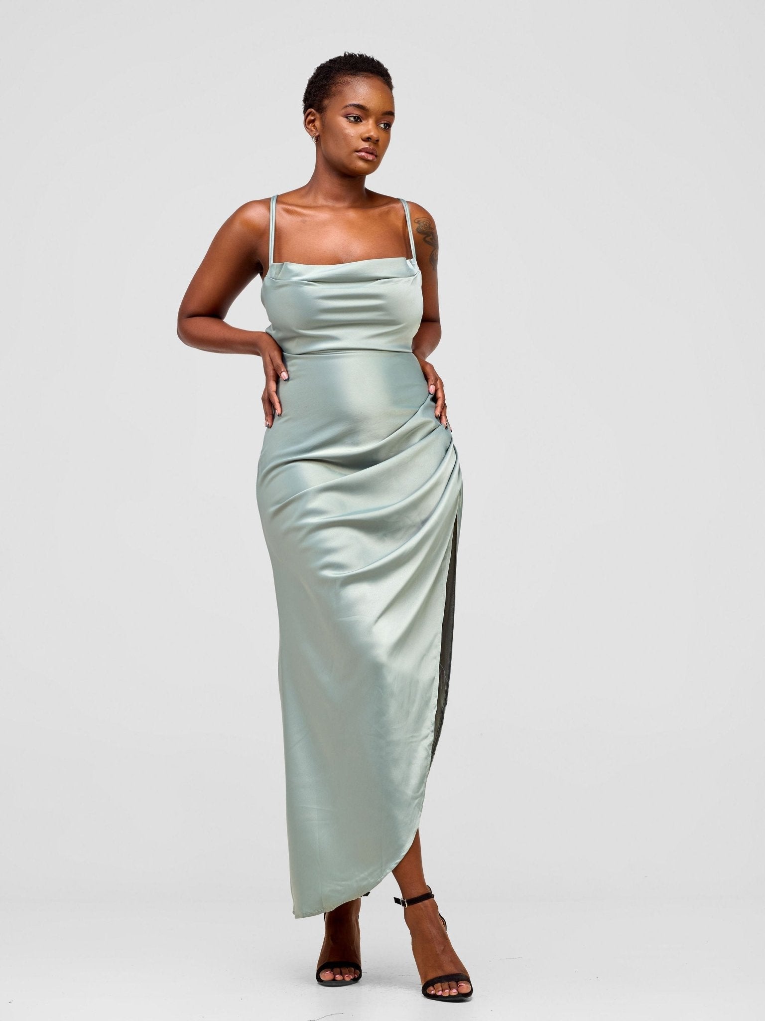 Lola Backless Strappy Satin Dress With High Side Slit - Aqua - Shopzetu