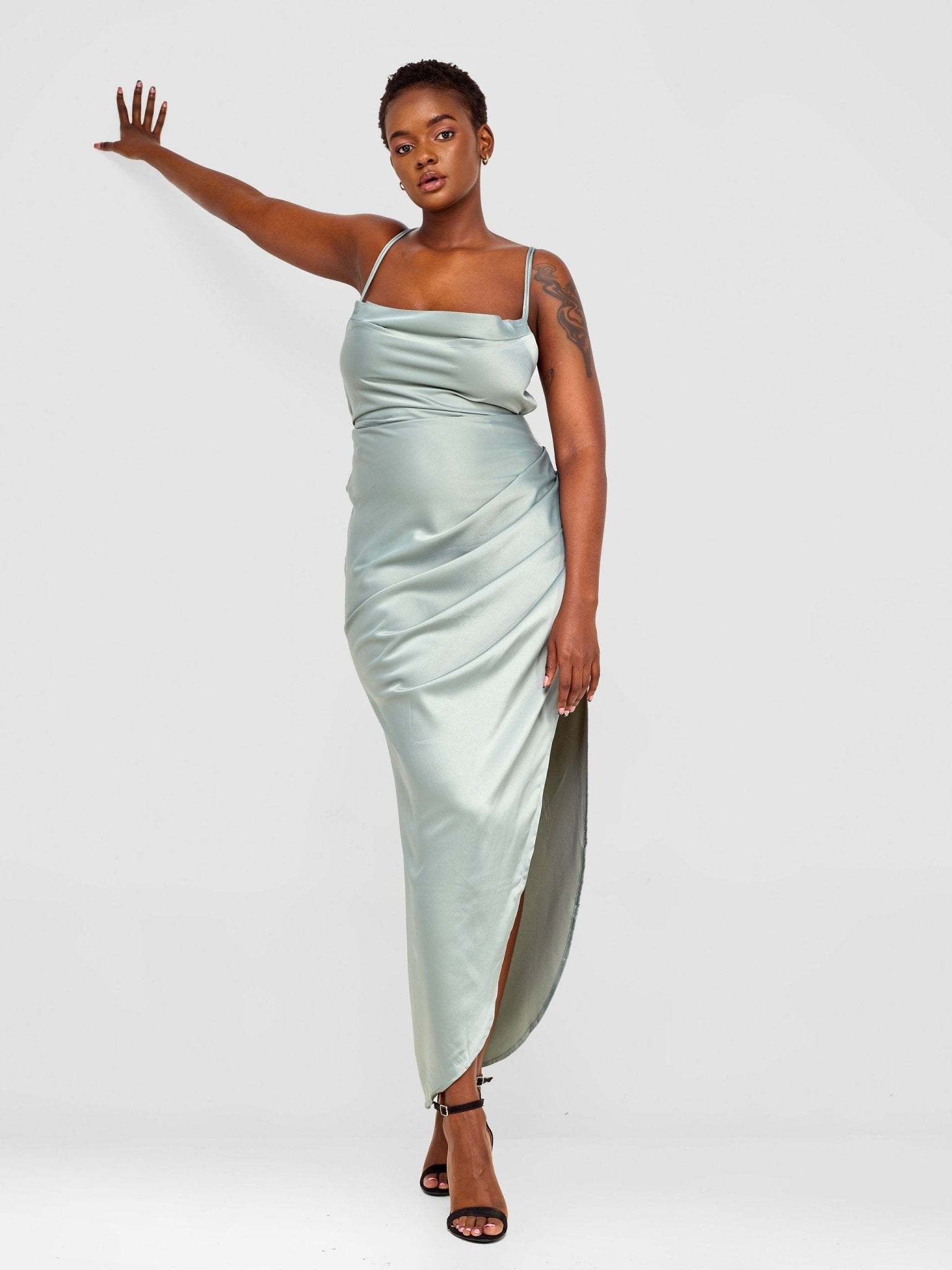 Lola Backless Strappy Satin Dress With High Side Slit - Aqua - Shopzetu
