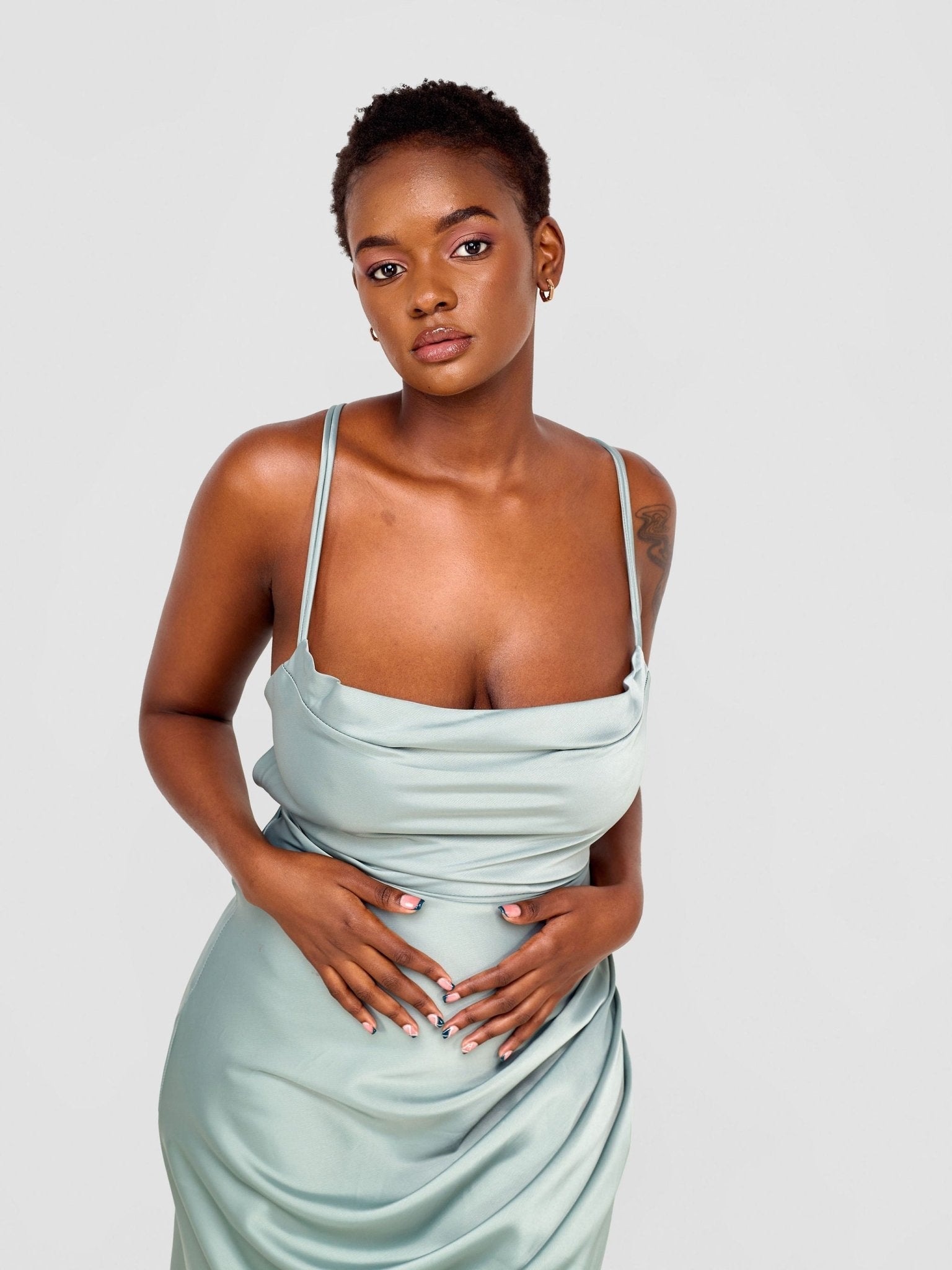 Lola Backless Strappy Satin Dress With High Side Slit - Aqua - Shopzetu