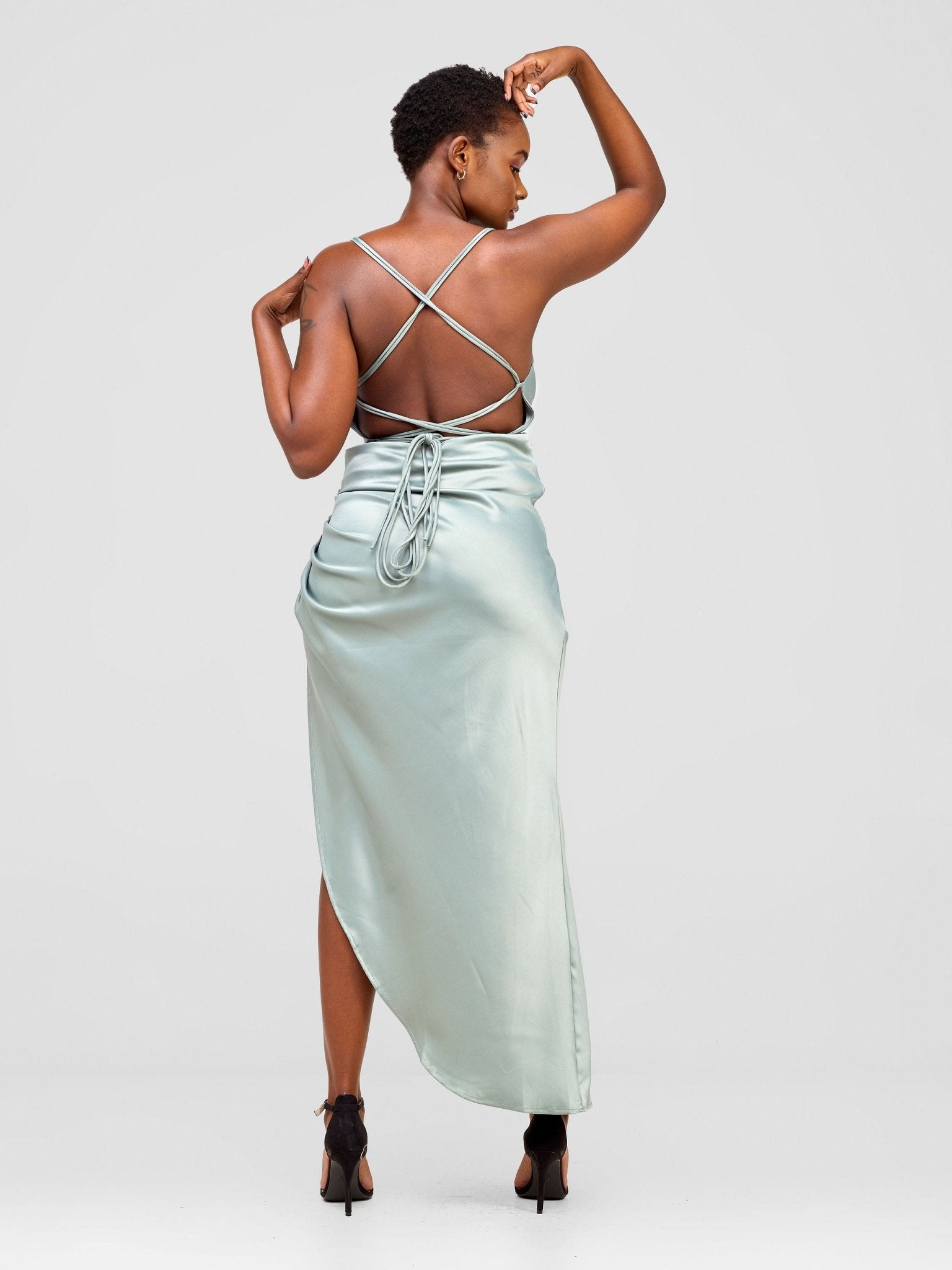 Lola Backless Strappy Satin Dress With High Side Slit - Aqua - Shopzetu