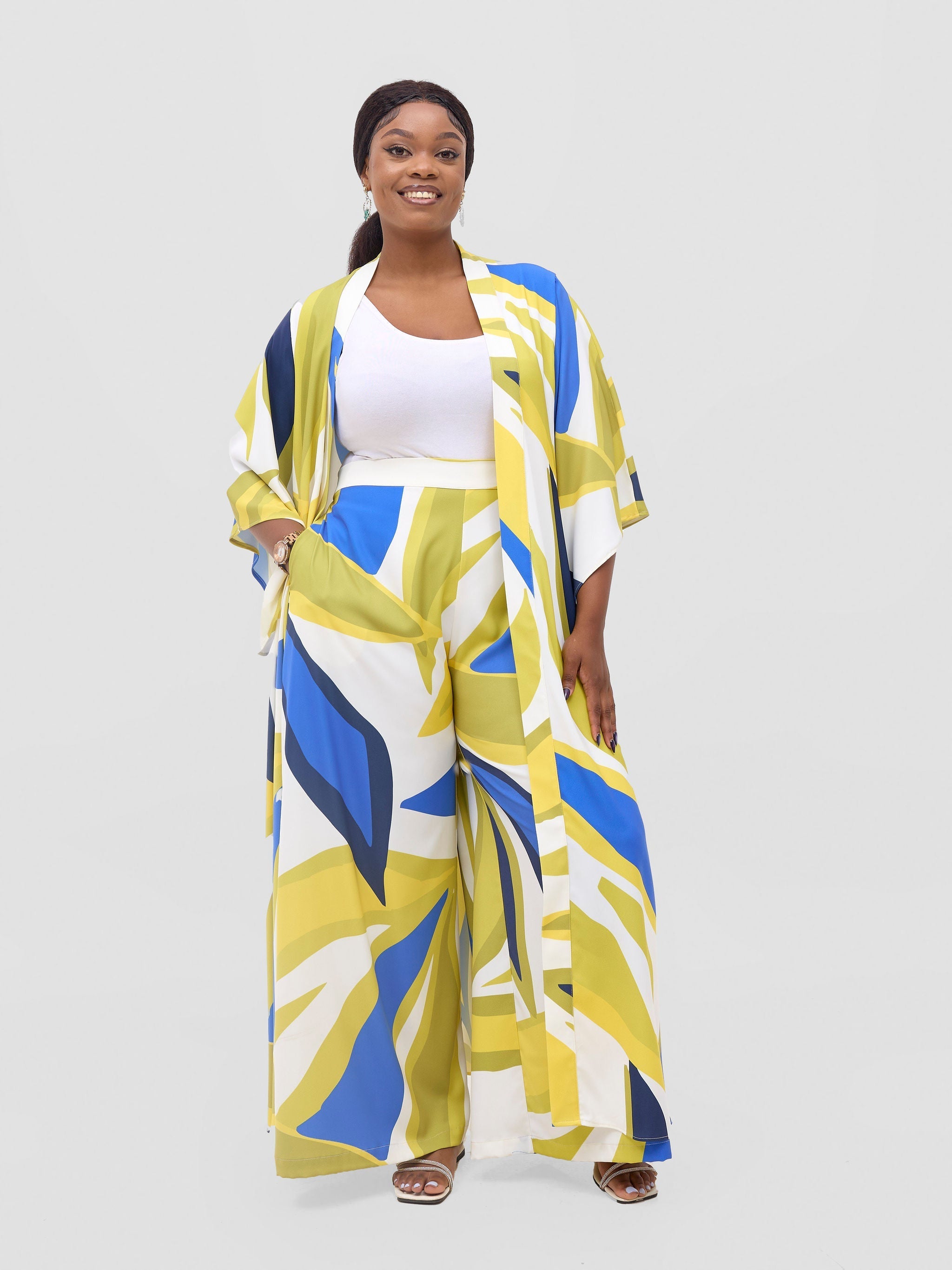 Vivo Kelemi Flared Sleeve Kimono MG - Royal Blue / Green Lana Print