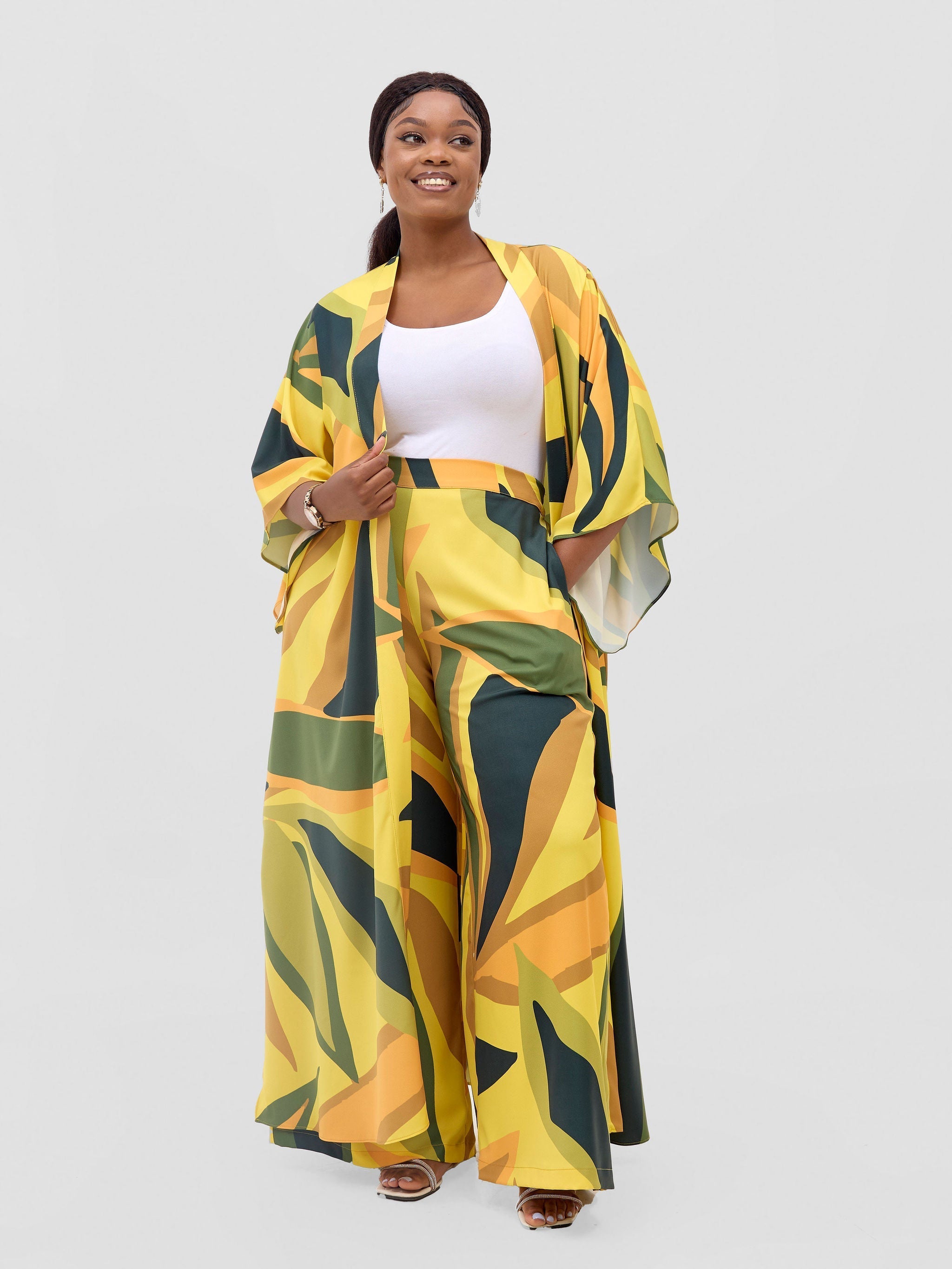 Vivo Kelemi Flared Sleeve Kimono MG - Yellow / Green Lana Print