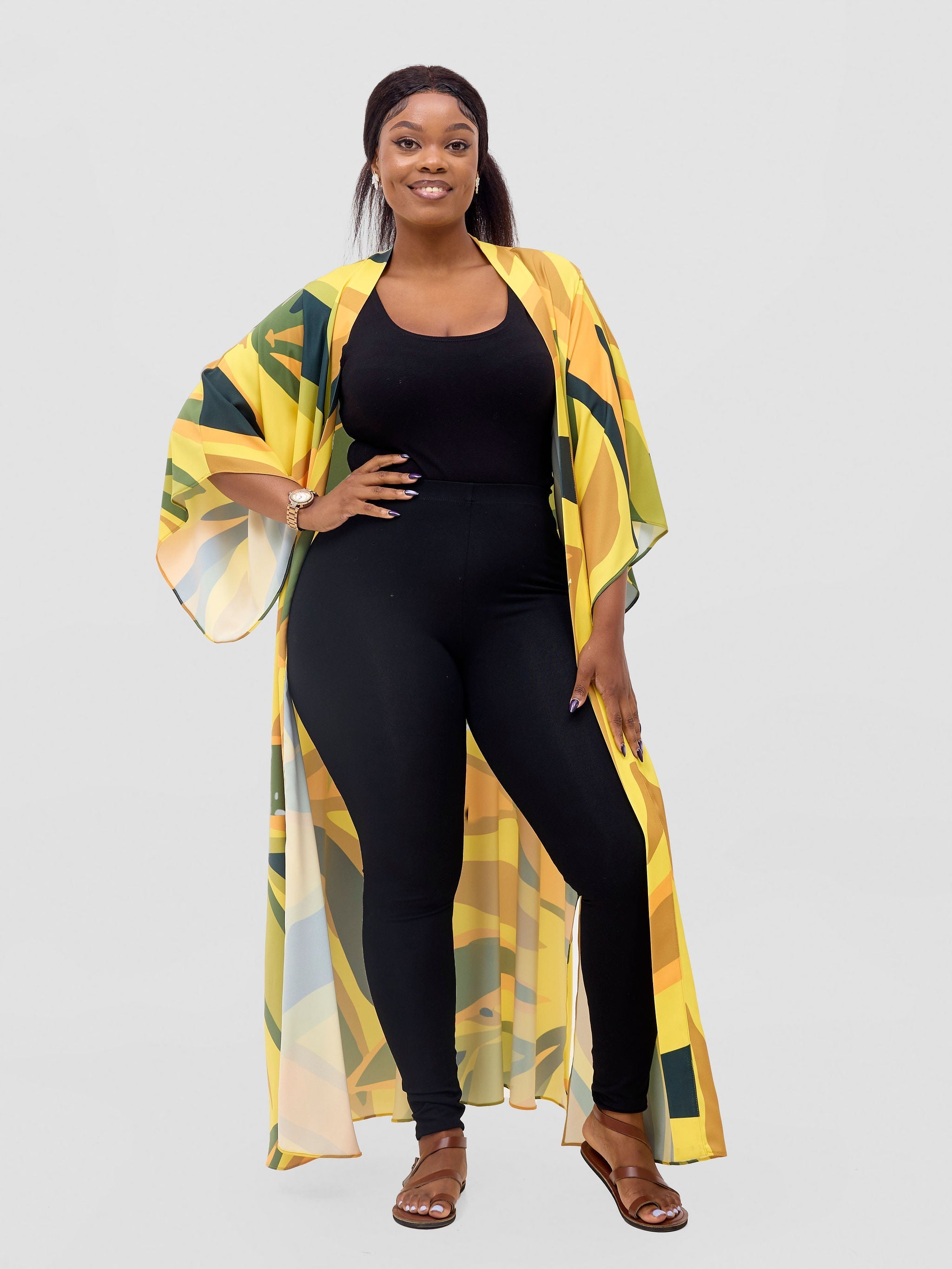 Vivo Kelemi Flared Sleeve Kimono MG - Yellow / Green Lana Print