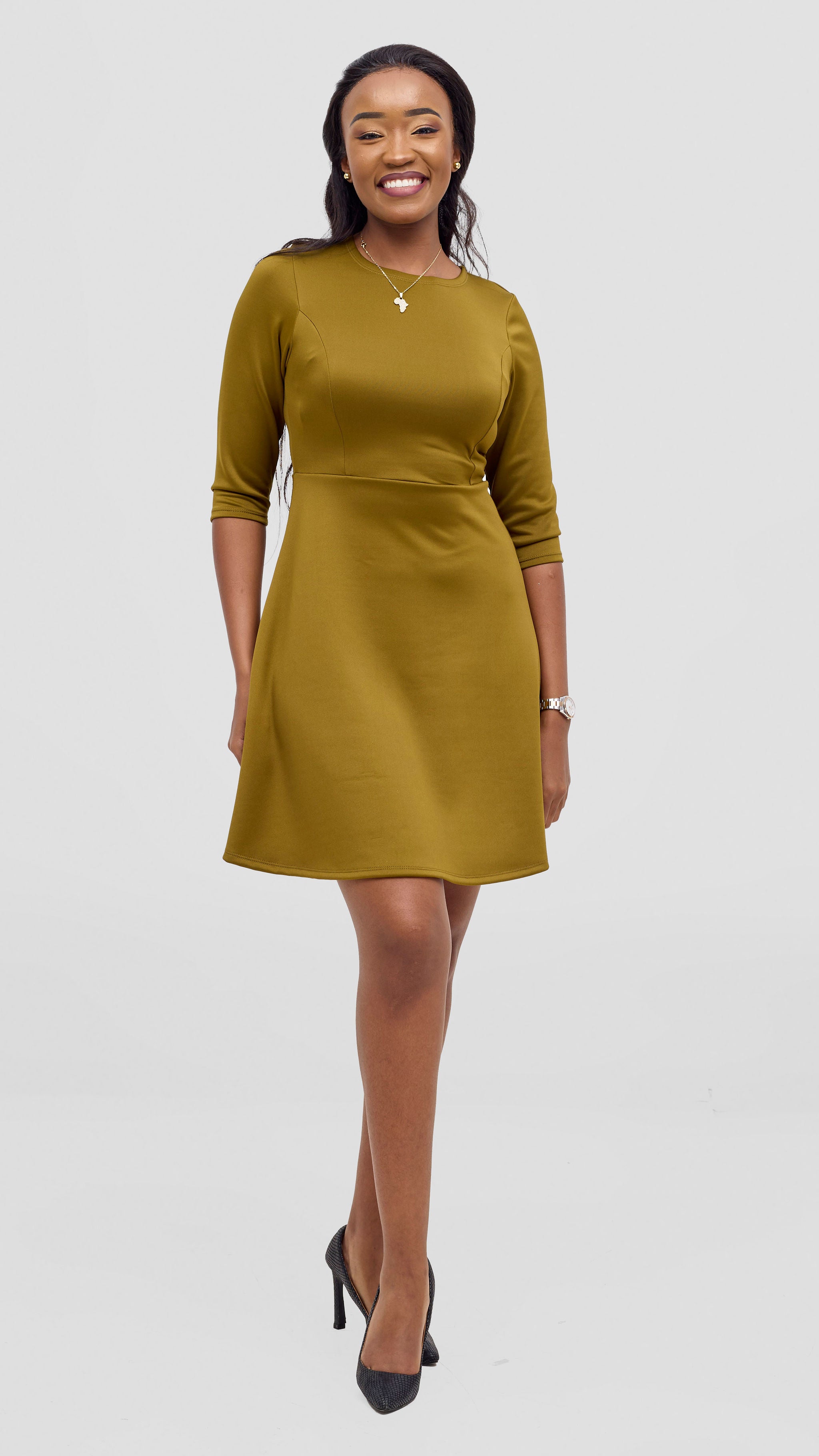 Vivo Diella 3/4 Sleeve A-Line Dress - Dark Olive