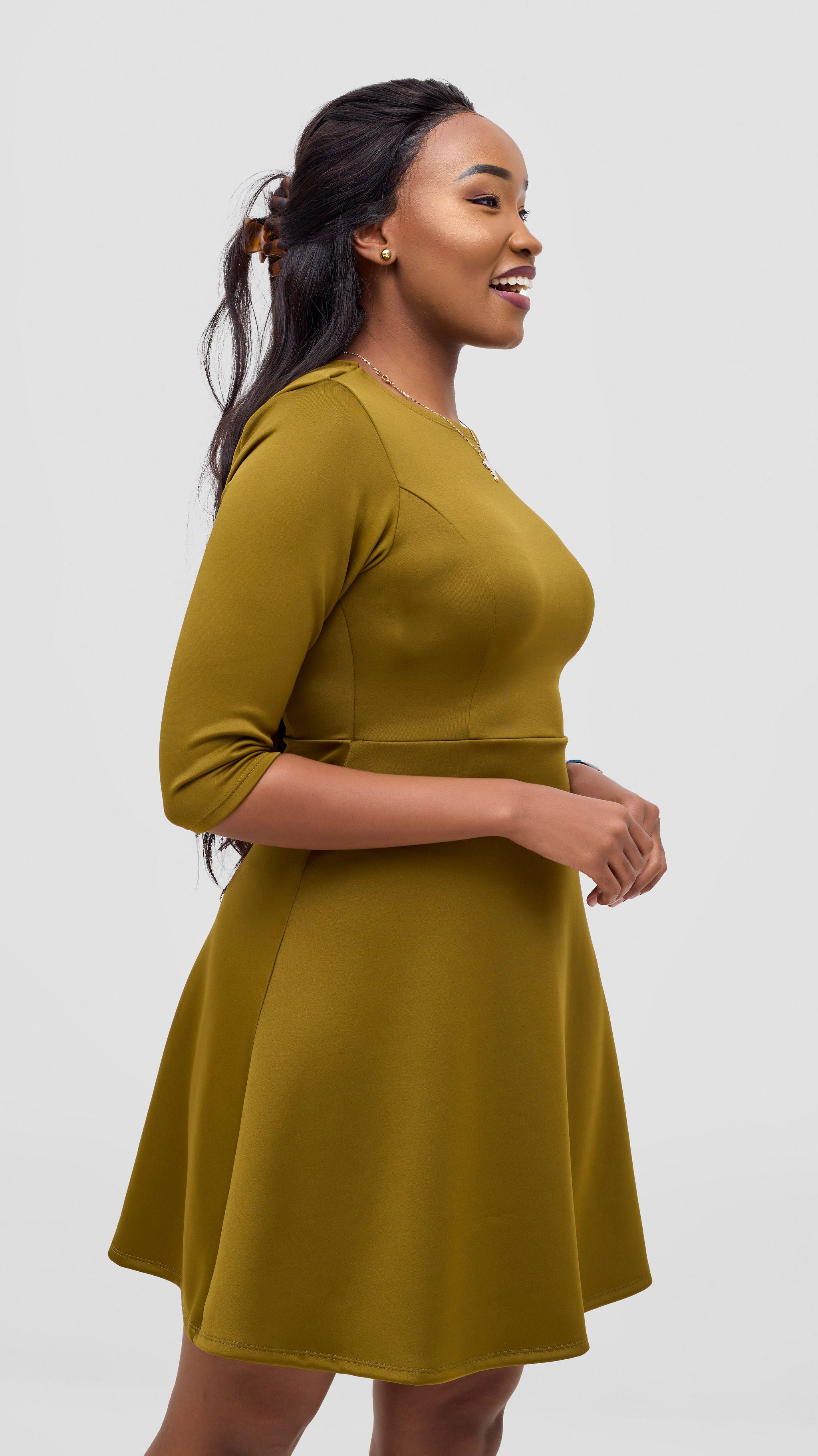 Vivo Diella 3/4 Sleeve A-Line Dress - Dark Olive