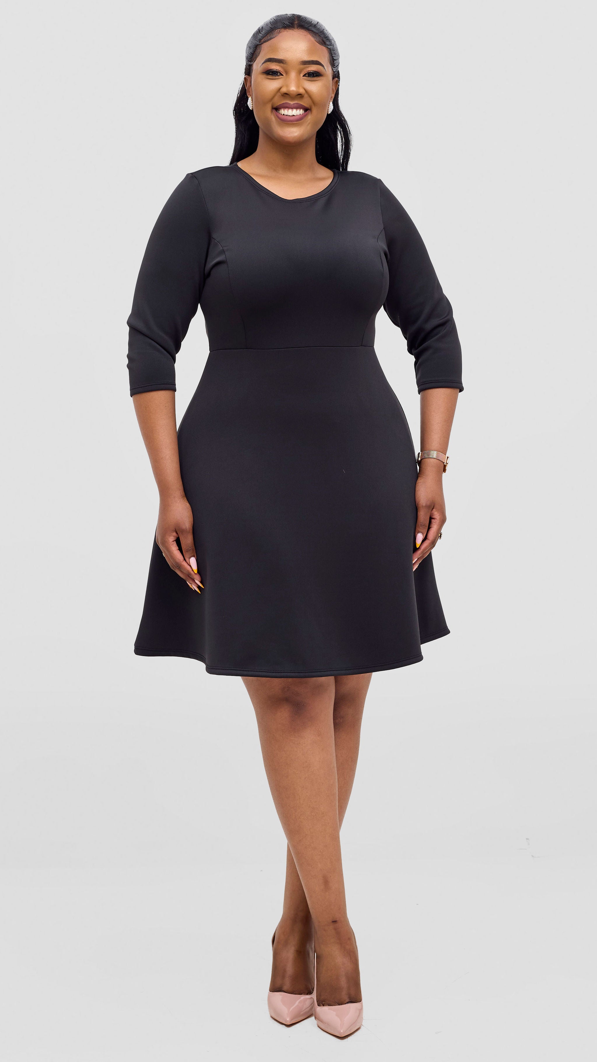 Vivo Diella 3/4 Sleeve A-Line Dress - Black